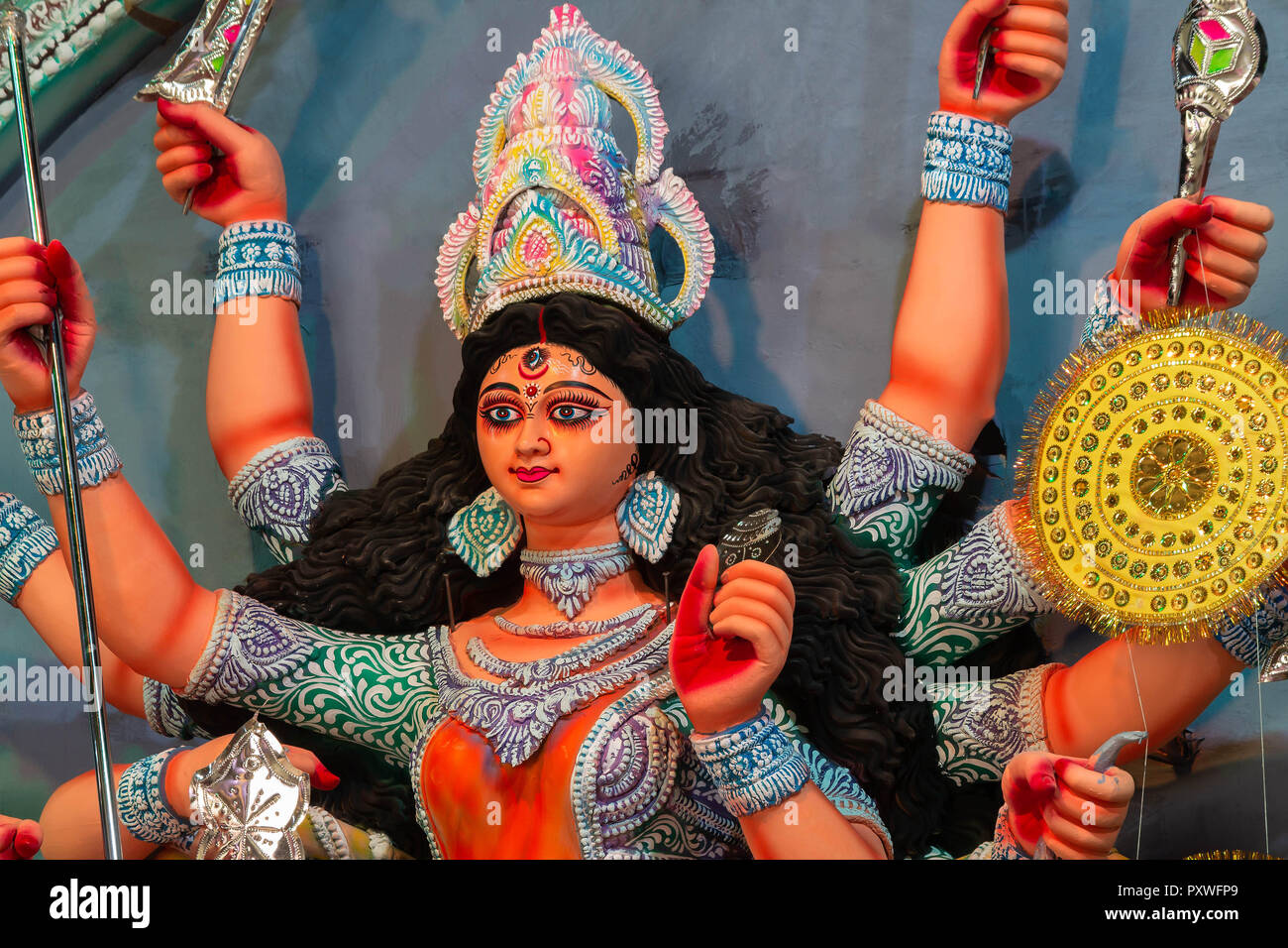 B-Block, Puja Samithi, C.R. Park, New Delhi, Indien DT-15 Oct 2018. Eine Ansicht von Durga Puja Pandal Idiol an Stockfoto