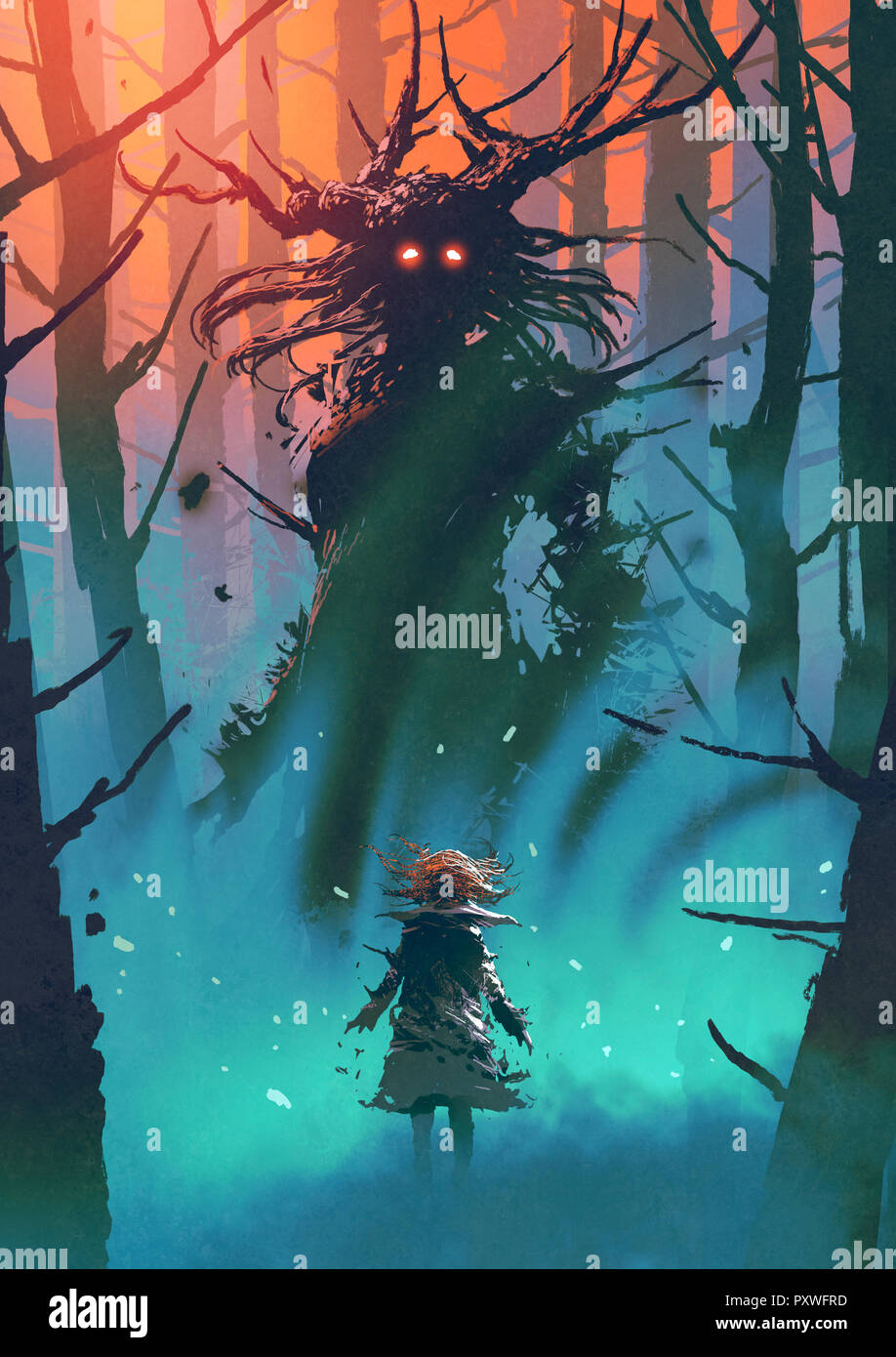 Kleine Mädchen und die Hexe, die sich in einem Wald, digital art Stil, Illustration Malerei Stockfoto