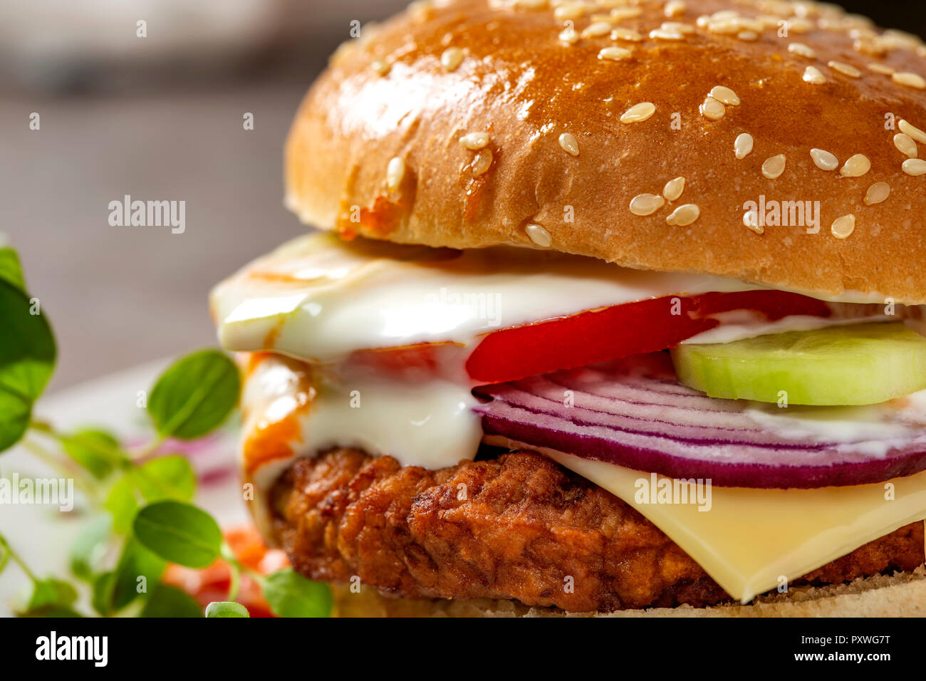 Selbstgemachte Cheeseburger mit Tomatensauce und Ketchup - Nähe zu sehen. Stockfoto