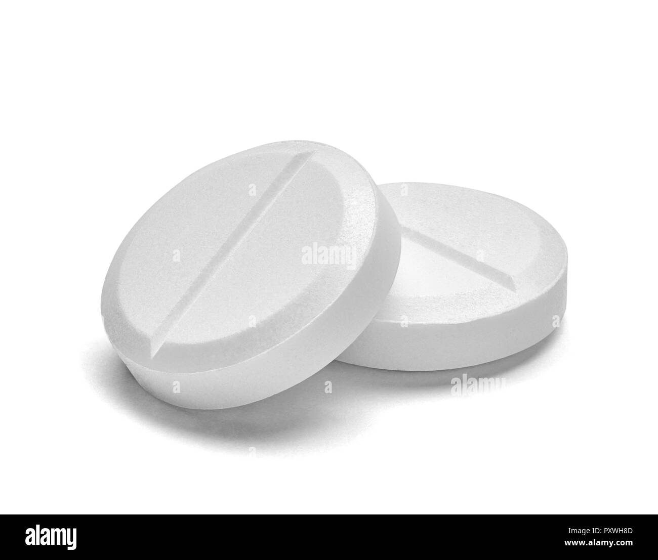 Zwei weiße Pillen auf weißem Hintergrund, Nahaufnahme Stockfoto
