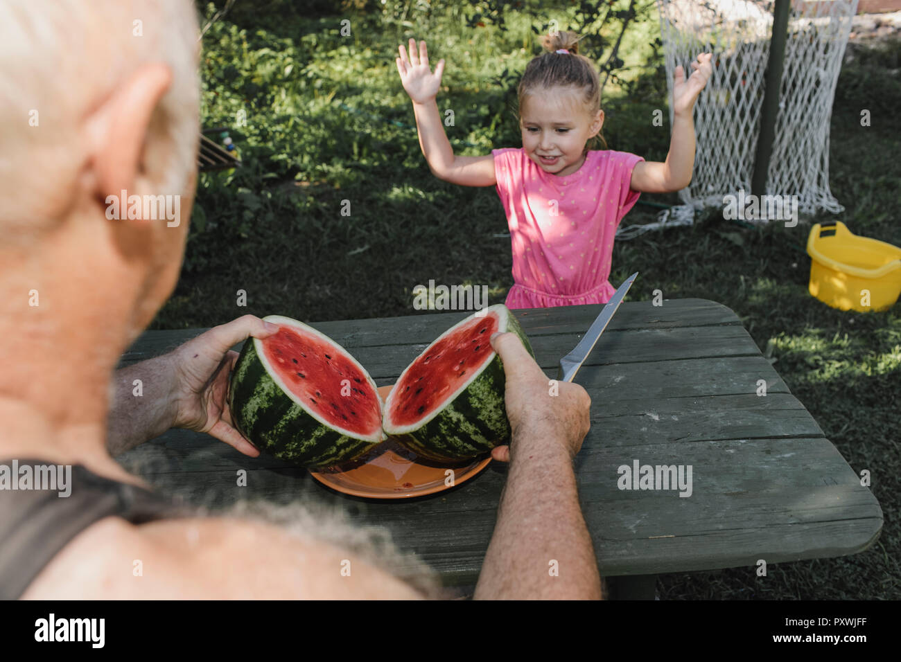 Portrait von kleinen Mädchen im Garten mit ihrem Großvater slicing Wassermelone Stockfoto