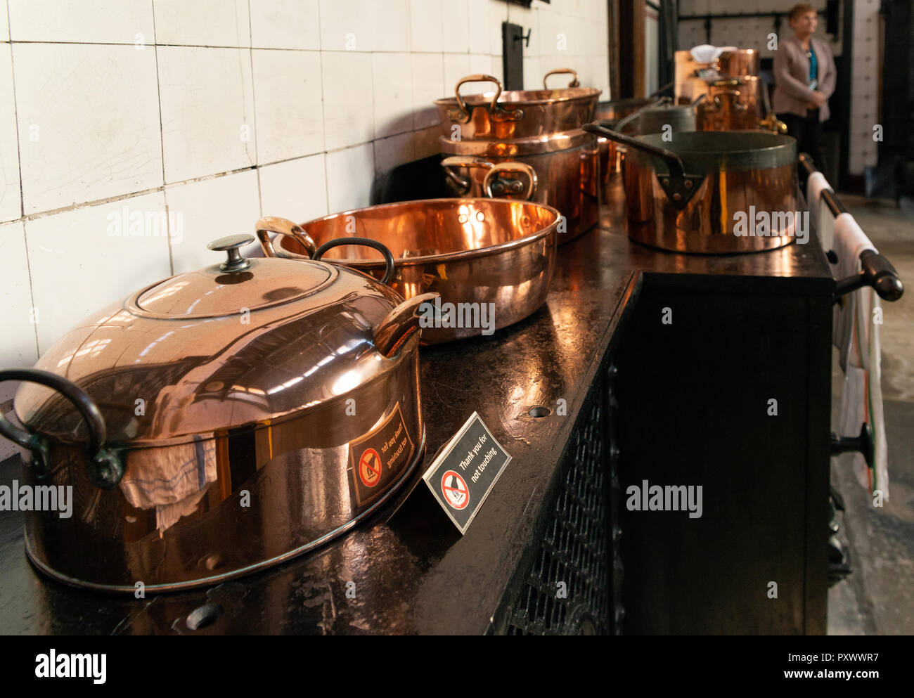 Massive poliert und glänzendes Kupfer jam Pan, Pfannen, und Fisch Wasserkocher auf der Küche eines viktorianischen Küche. Stockfoto