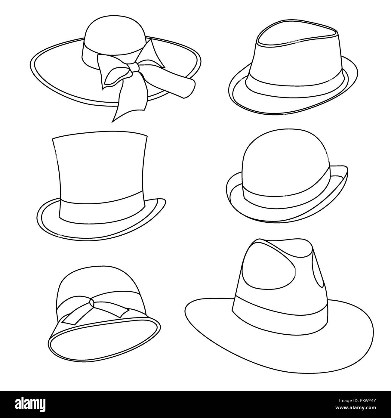 Einstellen der männlichen und weiblichen Hüte von alten Modellen. Auf weiß Isoliert Stockfoto