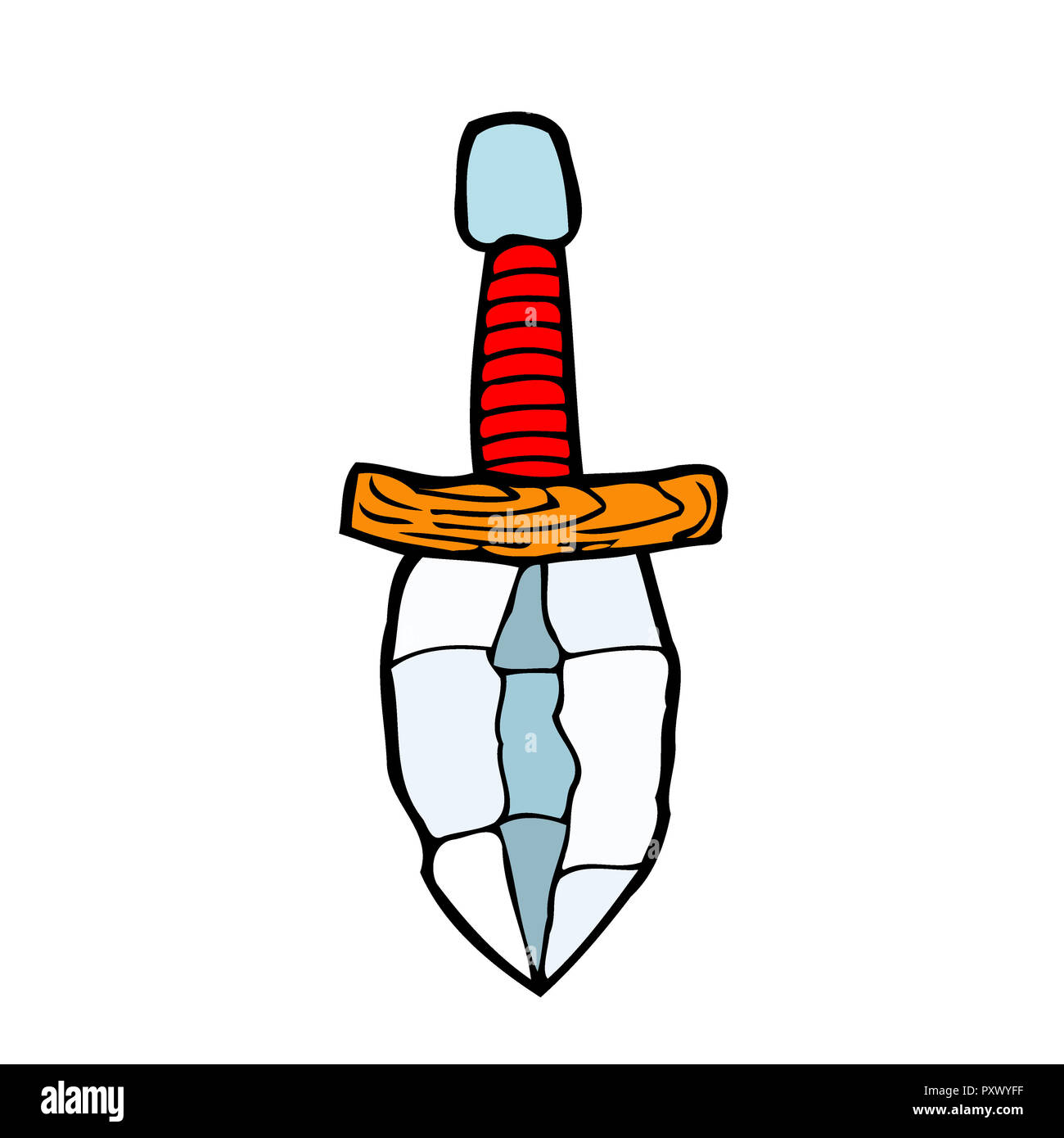 Farbiges Bild der Dolch. Abbildung auf weißem Hintergrund für die Erstellung von Skizzen von Tätowierungen isoliert, Bedrucken von T-Shirts und andere Gegenstände. Stockfoto