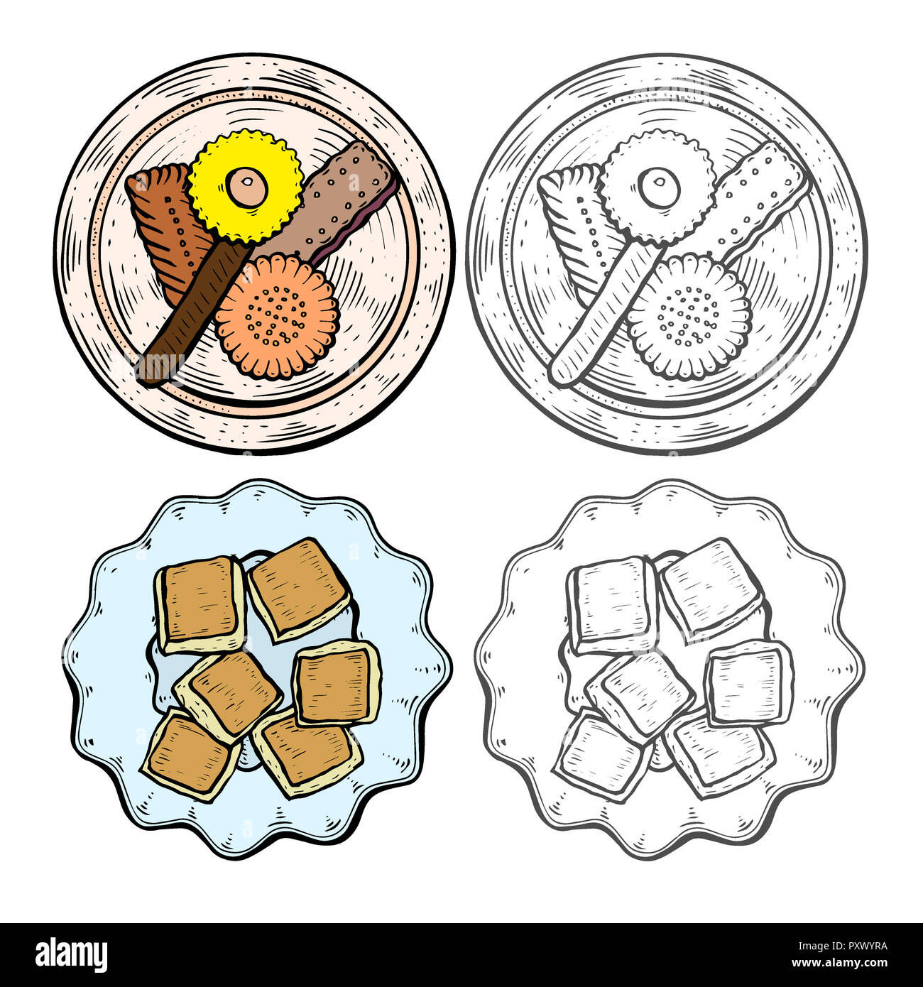 Hand gezeichnet. Orientalische Süßigkeiten Illustration. Middle Eastern Food. Essen Menü Hintergrund. Ansicht von oben. Farbenfrohes Design vorlage. Stockfoto
