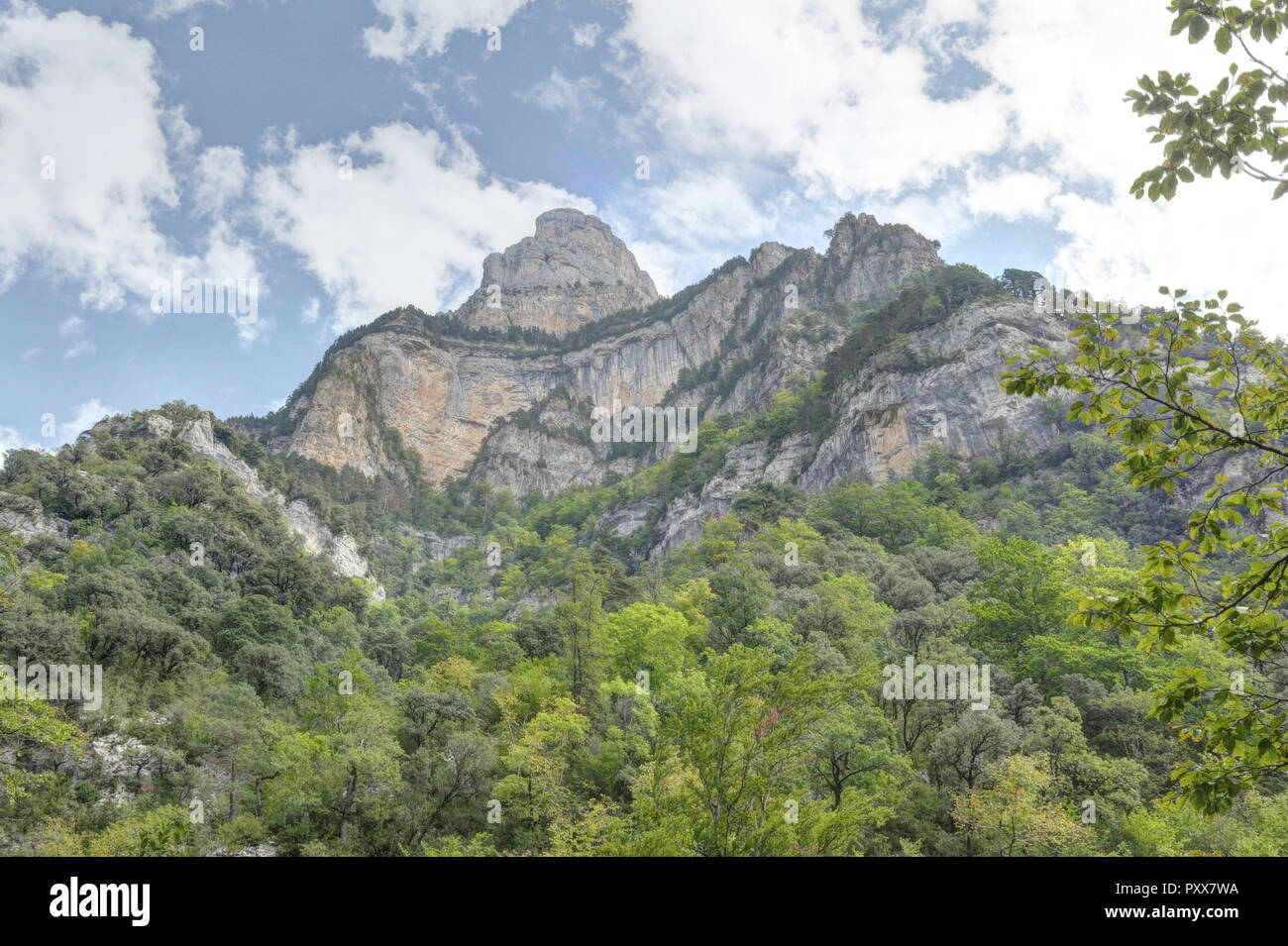 Eine Landschaft der Cañon de Añisclo Tal und Bergmassiven, mit hohen Bergen, grünen Wäldern und blauen Himmel, in den Pyrenäen, Aragon, Spanien Stockfoto