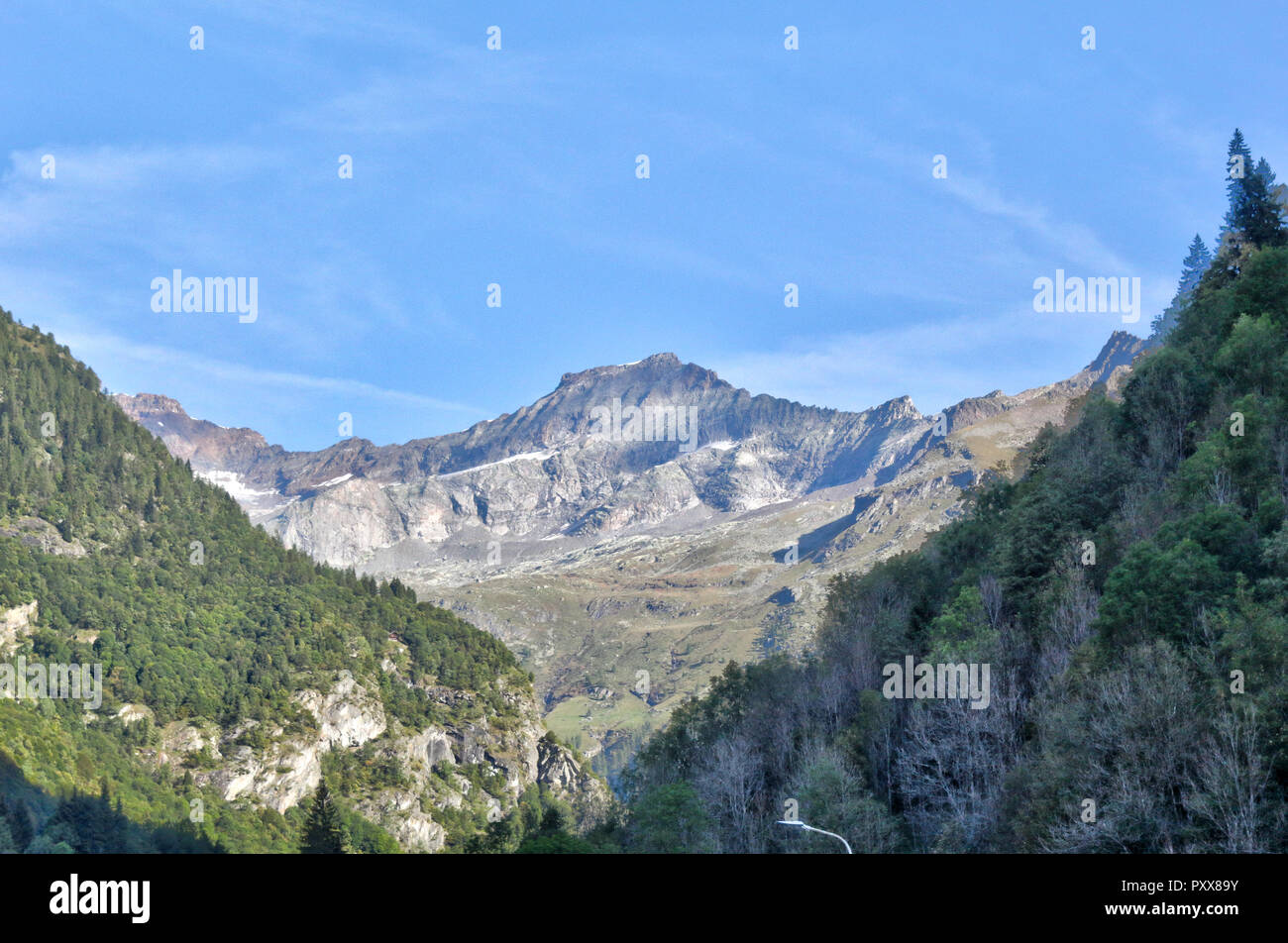 Eine Landschaft von blauen bewölkten Himmel, hohe Berge, Tanne und Kiefer Wälder und grüne Wiesen und Weiden im Val d'Otro, Region Piemont, Alpen, Italien Stockfoto