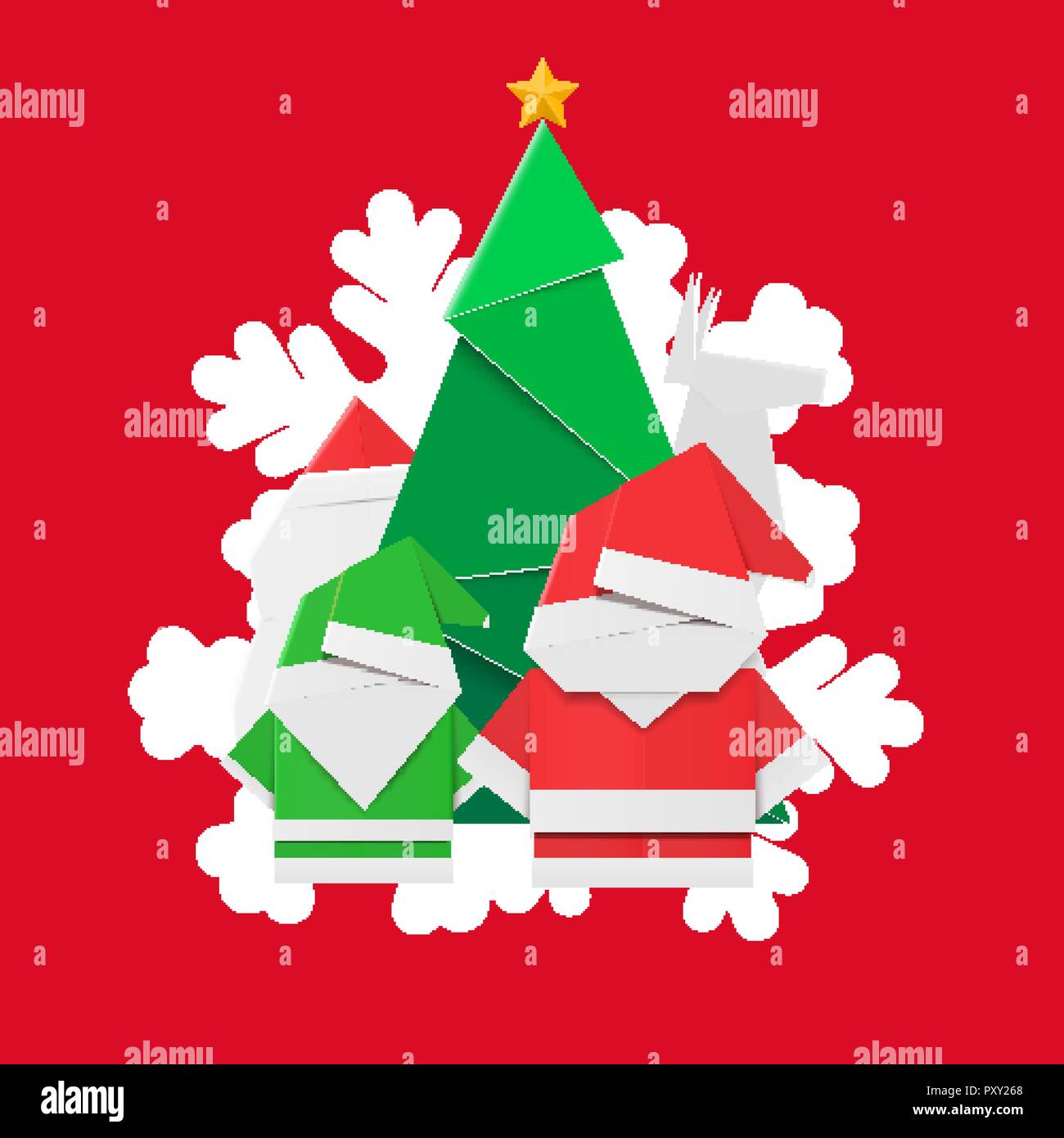 Weihnachten und Neujahr typografische Karte mit Xmas-Schild Elemente auf rotem Hintergrund Stock Vektor