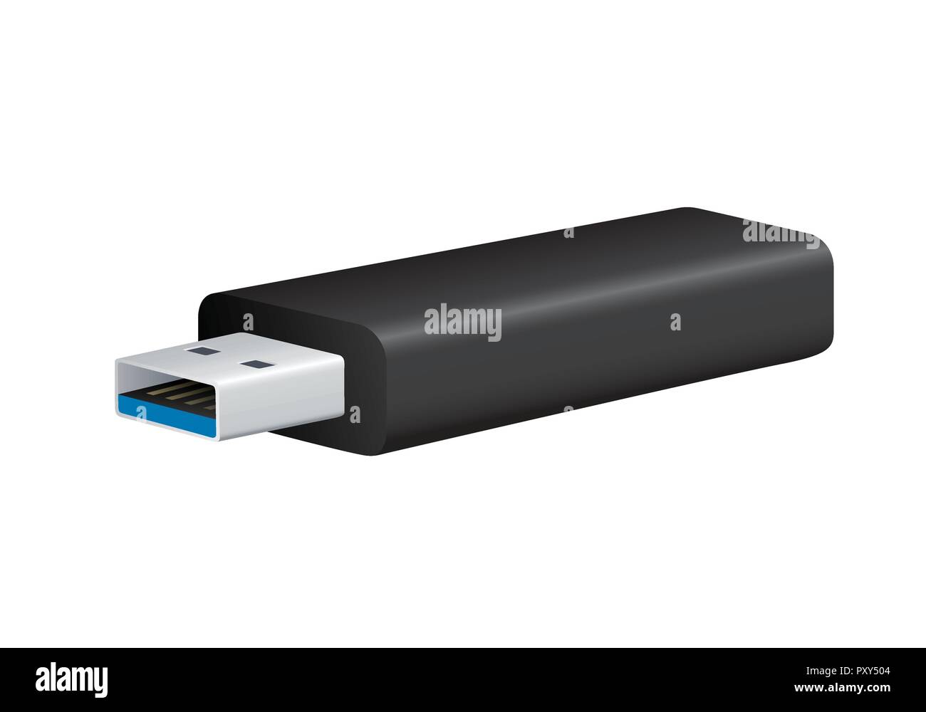 Realistische Abbildung: schwarz, USB3 Flash Drive mit blauer Farbe auf Stecker, auf weißem Hintergrund-Vektor Stock Vektor
