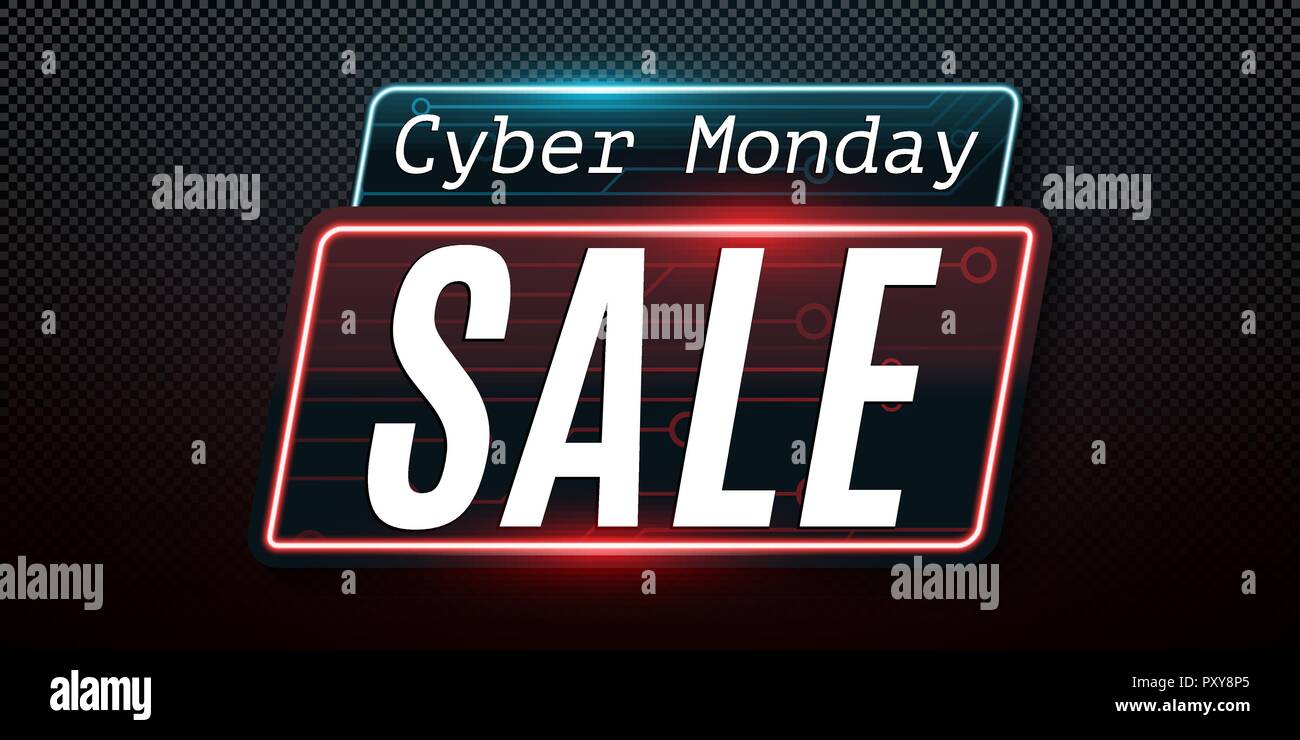 Cyber Monday. Super Sale. Hi-tech leuchtende blaue Platine. Angebot. Web neon Banner auf transparenten dunklen Hintergrund isoliert. Modernes Design. V Stock Vektor