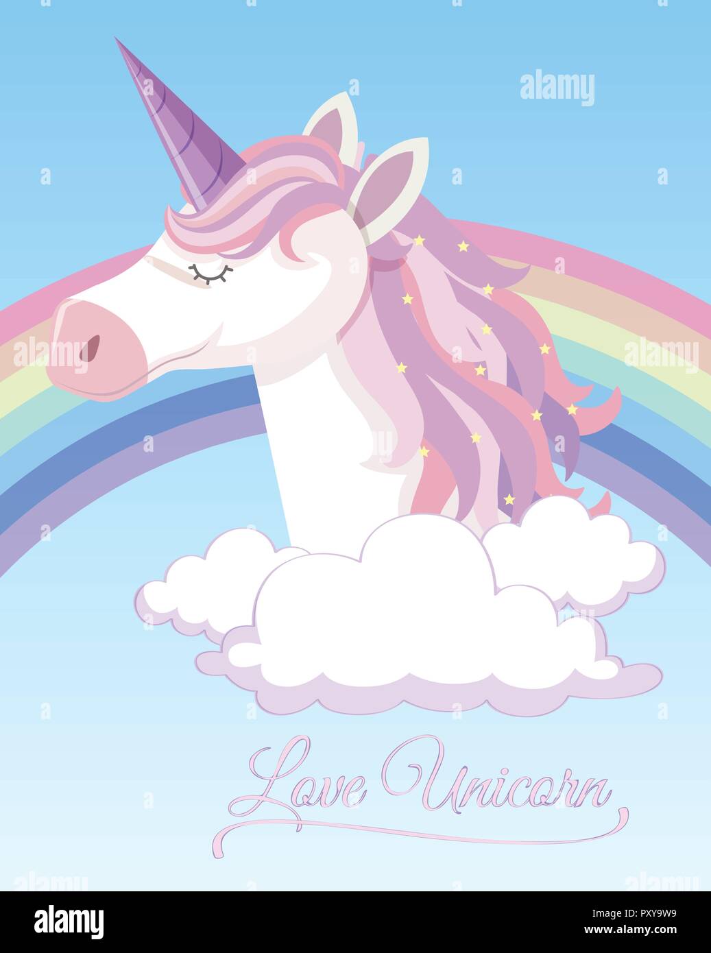 Plakat Design mit Einhorn und Regenbogen am Himmel Abbildung Stock Vektor