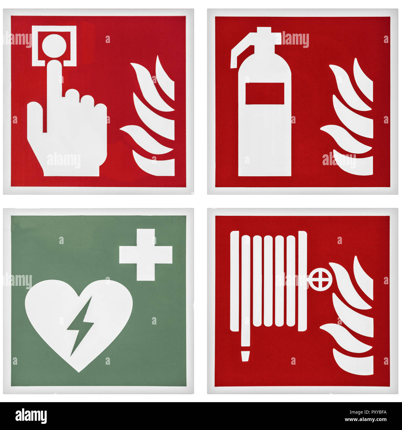 Hinweisschilder, Feueralarm, Feuerloescher, Defibrillator Loeschschlauch Stockfoto