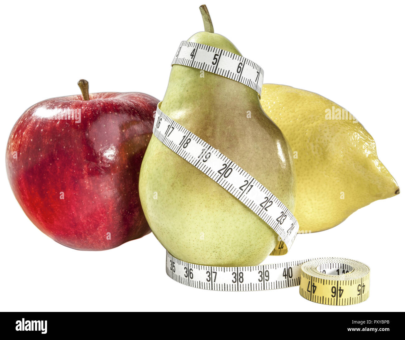 Apfel, Birne Und Zitrone Mit Massband Stockfoto