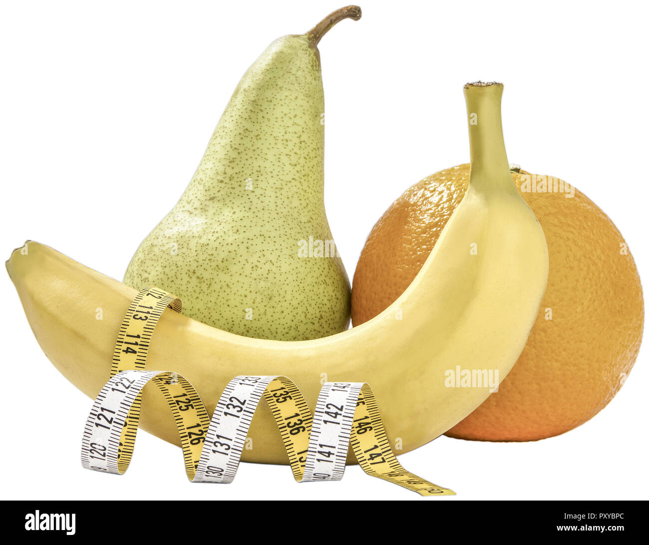 Banane, Birne Und Orange Mit Massband Stockfoto