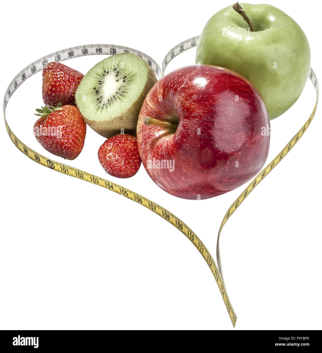 Massbandherz Mit Apfel, Kiwi Und Erdbeeren Stockfoto