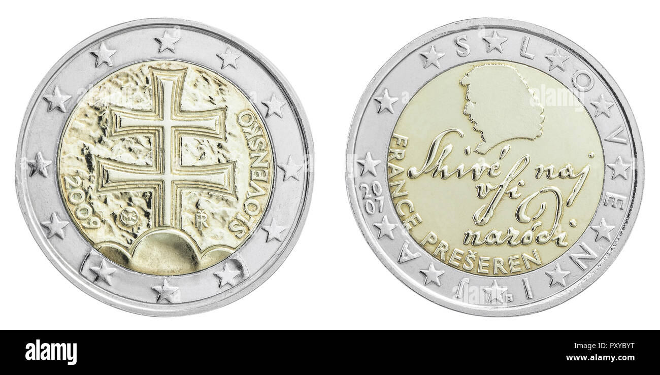 2-Euro-Muenzen, Slowakei Und Slowenien, Rueckseiten Stockfoto