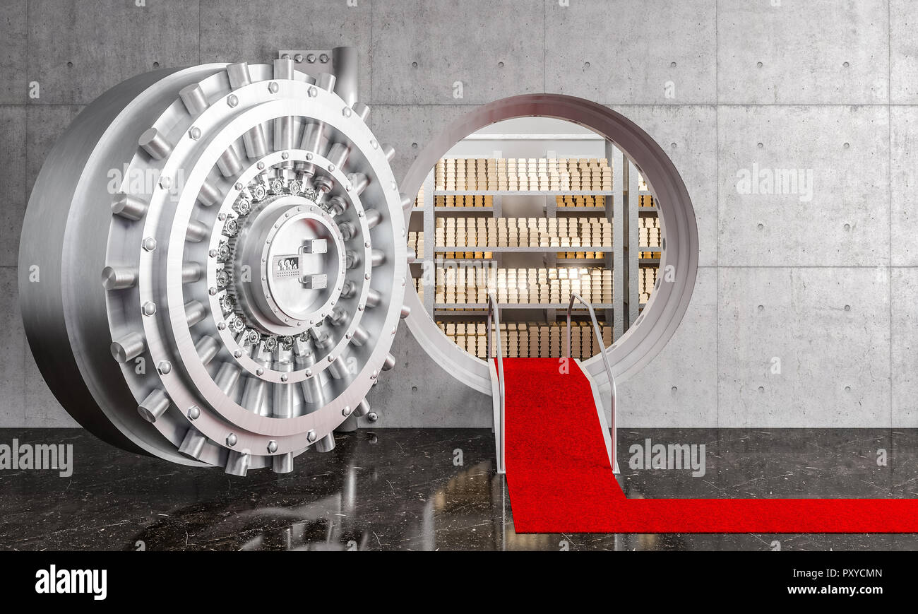 3D-Bild der grossen Bank Vault und Goldbarren Stockfoto