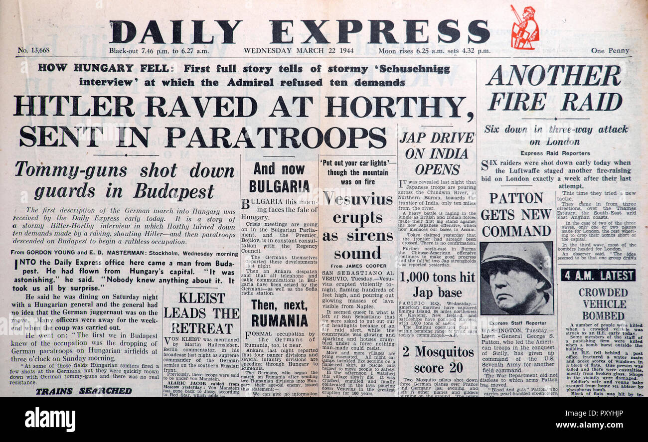 "HITLER RAVED an HORTHY, gesendet in der fallschirmjäger" Daily Express Startseite Zeitung Schlagzeile 2. Weltkrieg 2. Weltkrieg im März 22 1944 London England Großbritannien Stockfoto