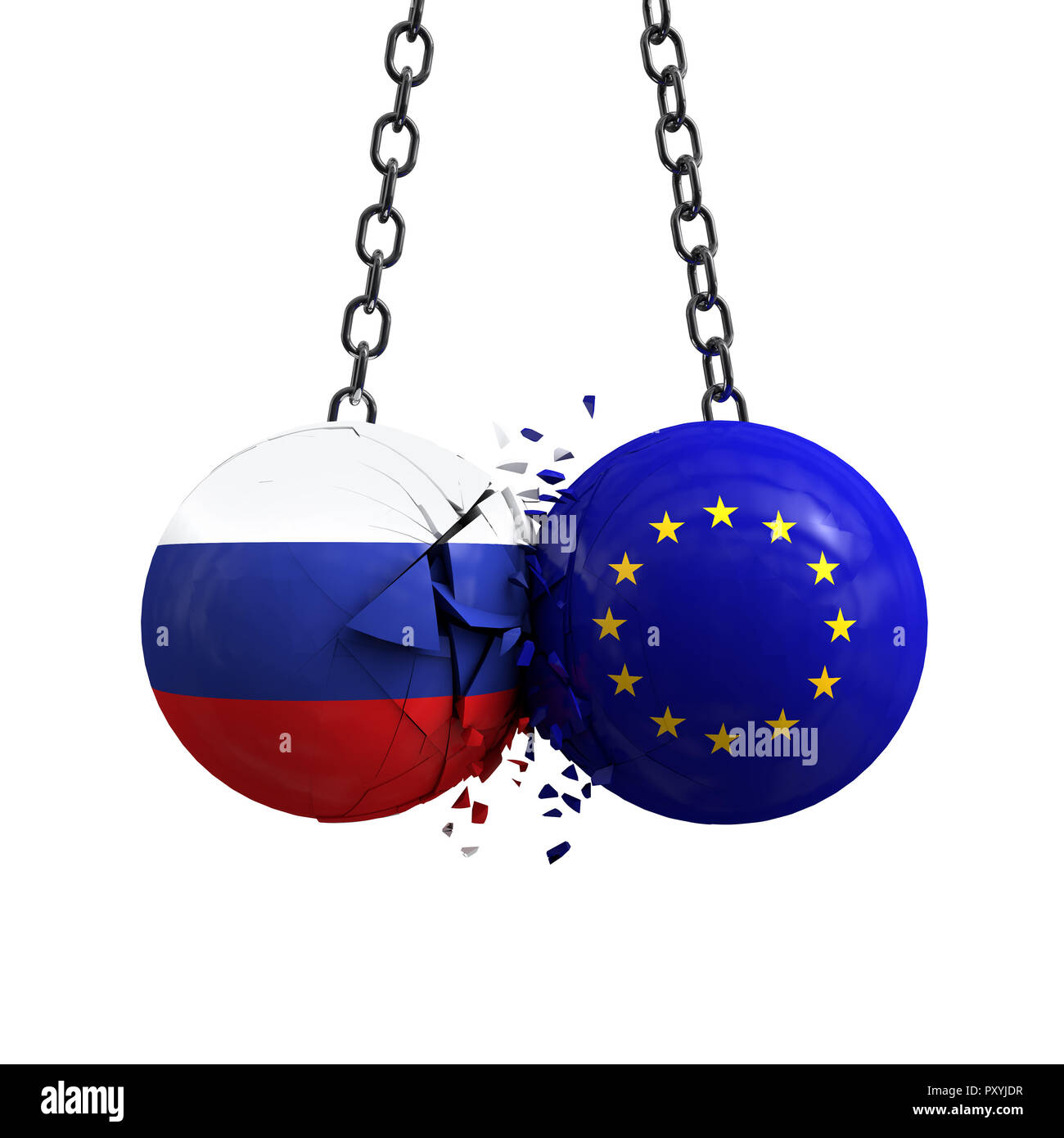 Russland Flagge und Europäischen Union politische Kugeln smash in einander. 3D-Rendering Stockfoto