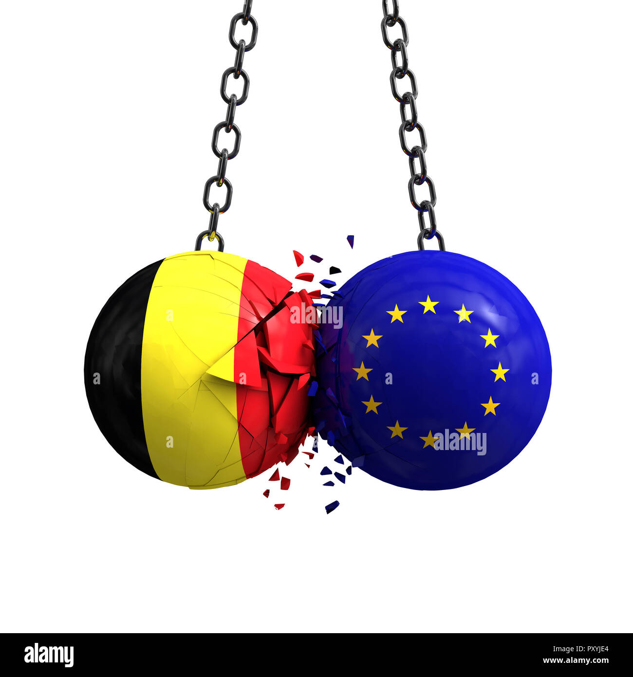 Belgien Flagge und Europäischen Union politische Kugeln smash in einander. 3D-Rendering Stockfoto