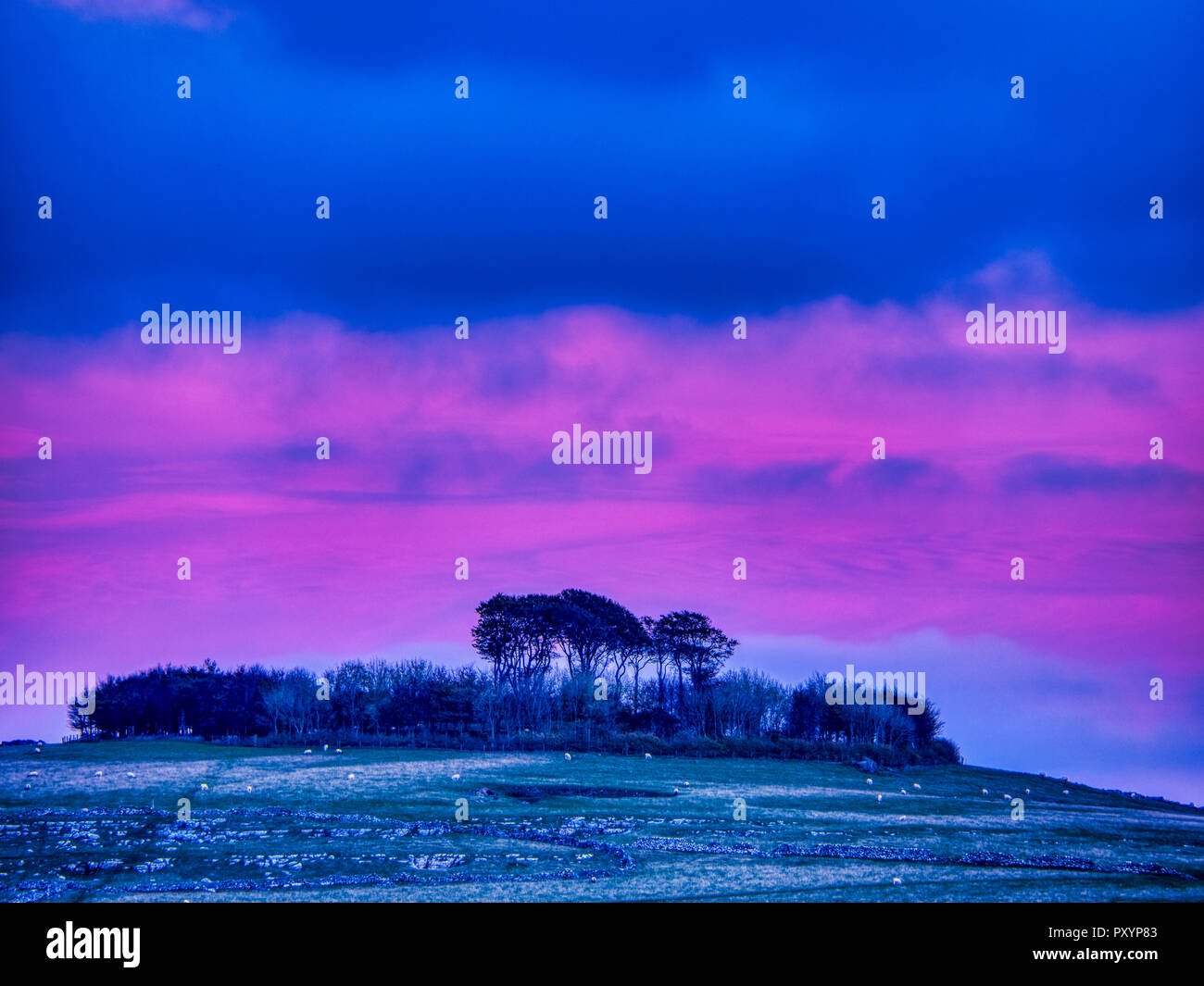 Minning niedrige Hügel, Peak District, UK. 24. Oktober, 2018. Wetter Großbritannien: Sonnenuntergang über Minning niedrigen Hügel historischen England Monument mit einem chambered Grab & zwei Schüssel schubkarren von Harborough Felsen, Peak District, UK Credit: Doug Blane/Alamy Leben Nachrichten gesehen Stockfoto