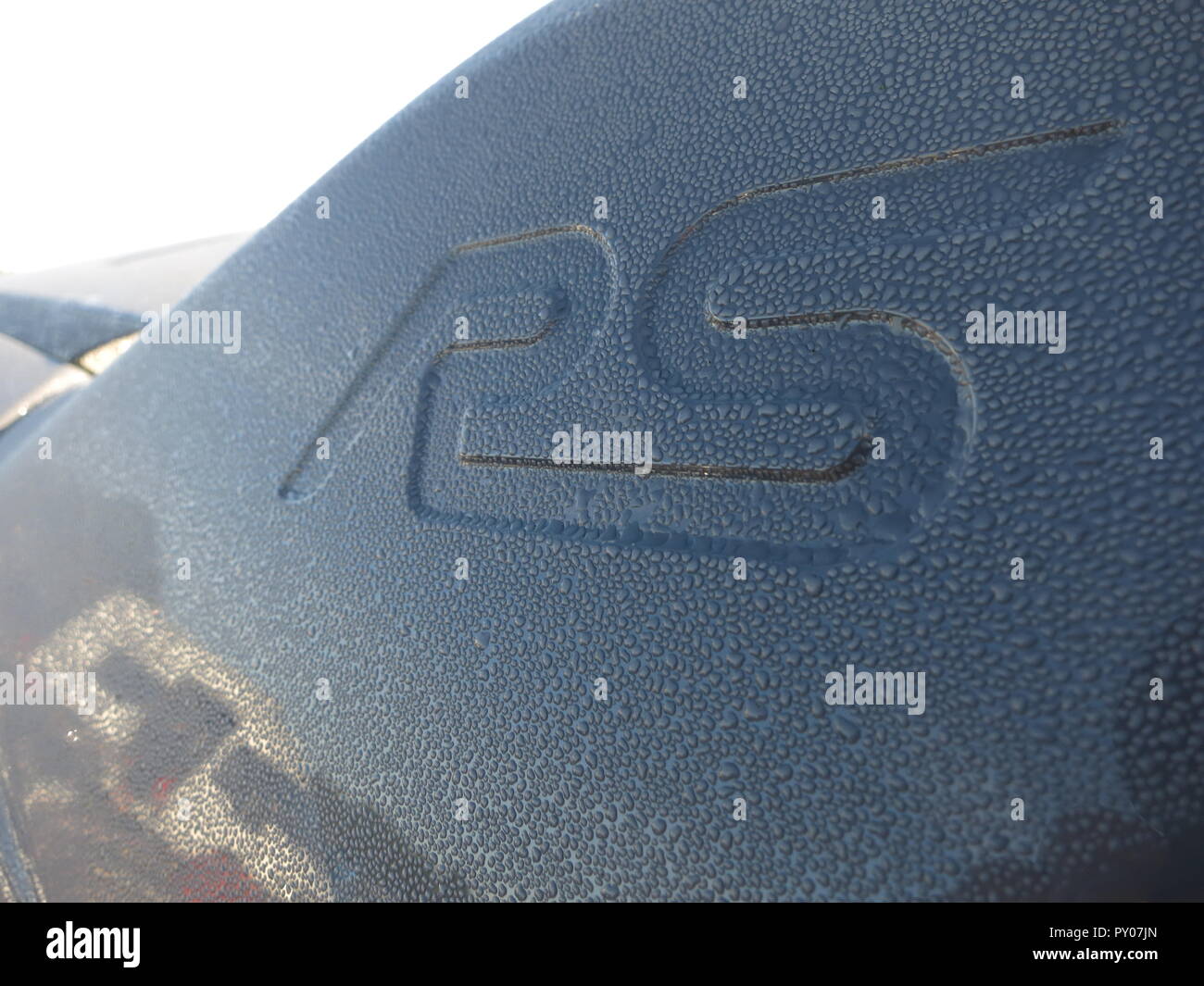 Ford Focus RS Mk3 2016 Modell Jahr in Donnington Park Rennstrecke Auto Show - im Stealth Farbe grau dargestellt - Übersicht Heckspoiler mit RS-Logo und Morgentau Feuchtigkeit Stockfoto