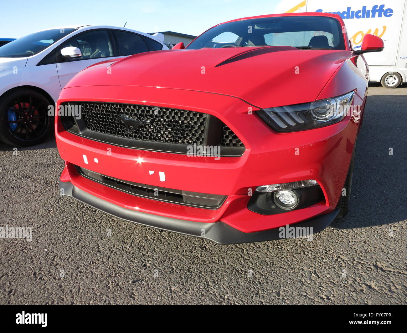 Ford Mustang 5.0 Liter Liter 2015 Modell Jahr in Donnington Park Rennstrecke an der RS Owners Club nationaler Tag gezeigt - Vorderansicht Stockfoto Ford Mustang 5.0 Liter Liter 2015 Modell Jahr in Donnington Park Rennstrecke an der RS Owners Club nationaler Tag gezeigt - Vorderansicht Stockfoto