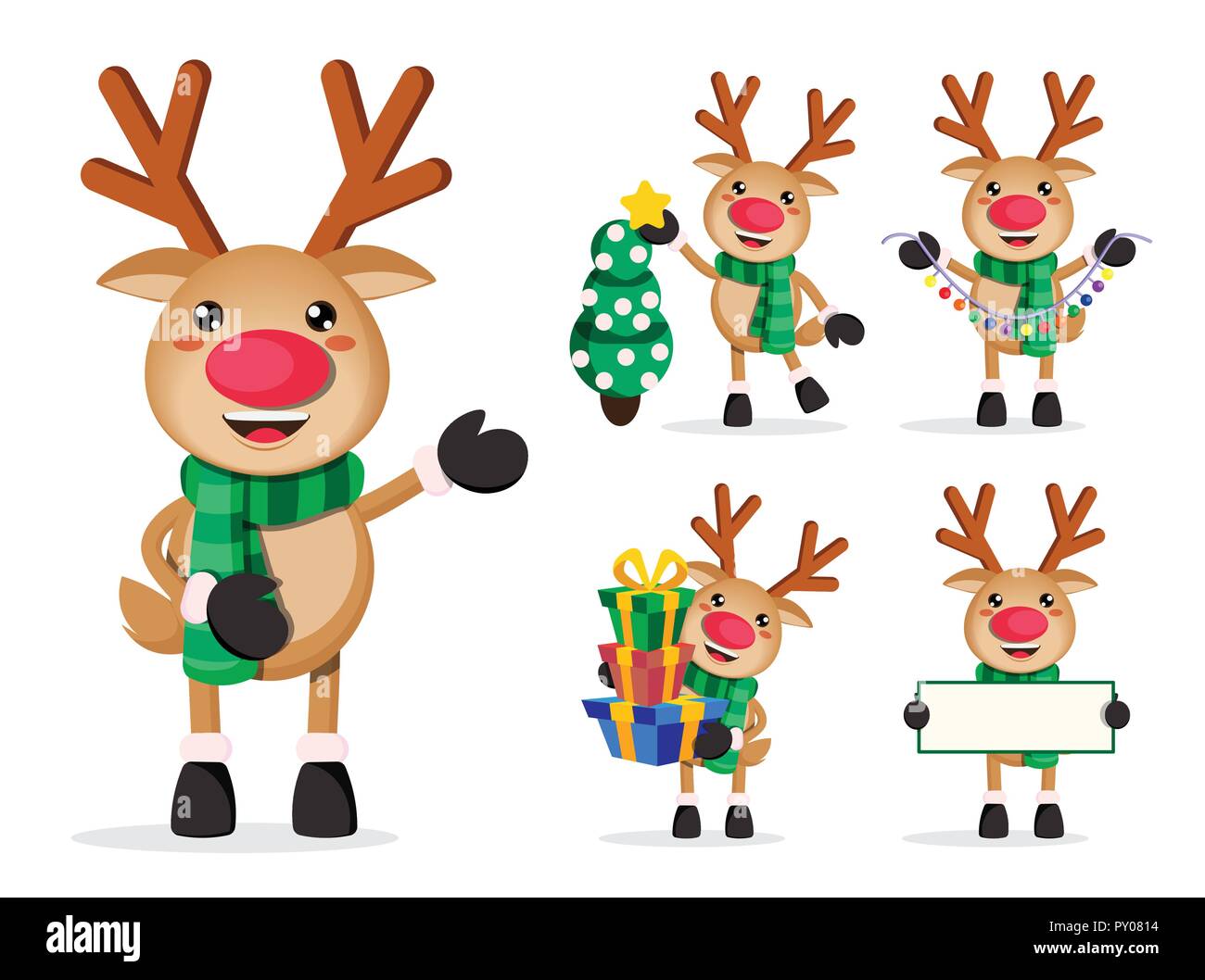 Rentier vektor Zeichen gesetzt. Rudolph Zeichentrickfiguren holding Weihnachten Elemente und Objekte in weißem Hintergrund. Vector Illustration. Stock Vektor