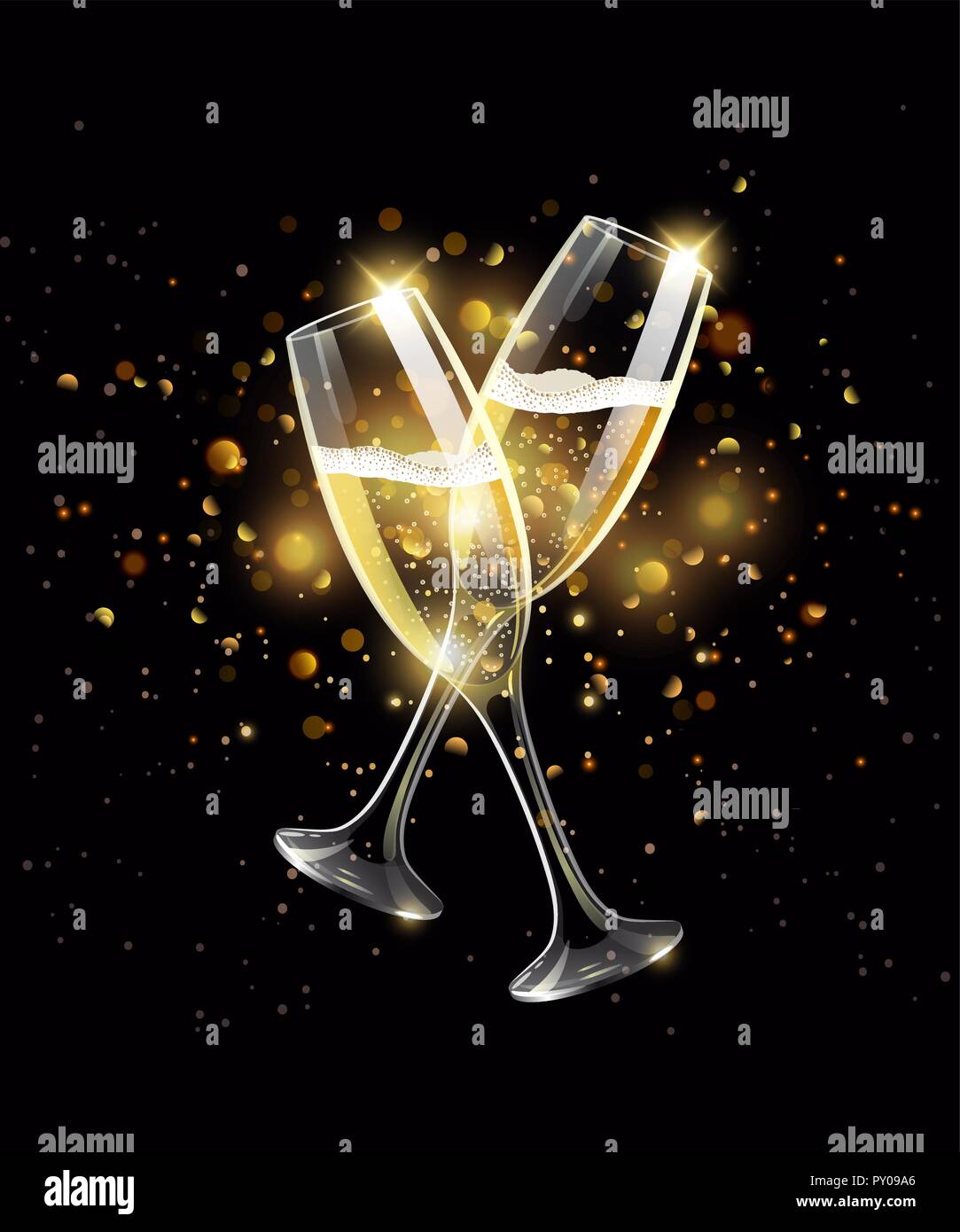 Funkelnde Gläser Champagner auf schwarzem Hintergrund, bokeh Effect Stock Vektor