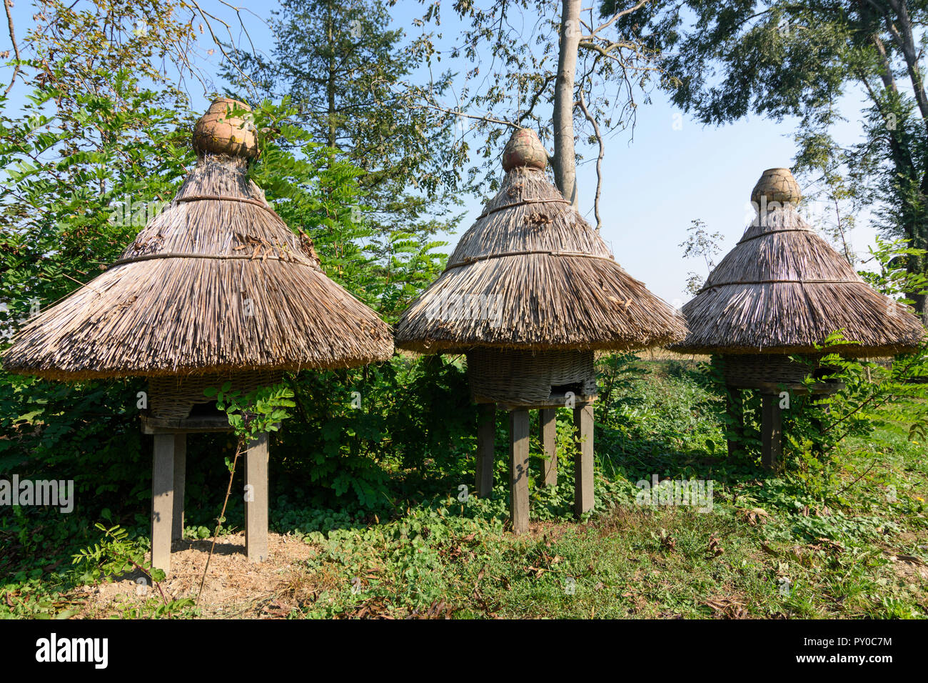 Gorisnica: alte traditionelle Bienenstock, Strohdach, in Open Air Museum der traditionellen alten Bauernhaus in Stajerska (Steiermark), Slowenien Stockfoto
