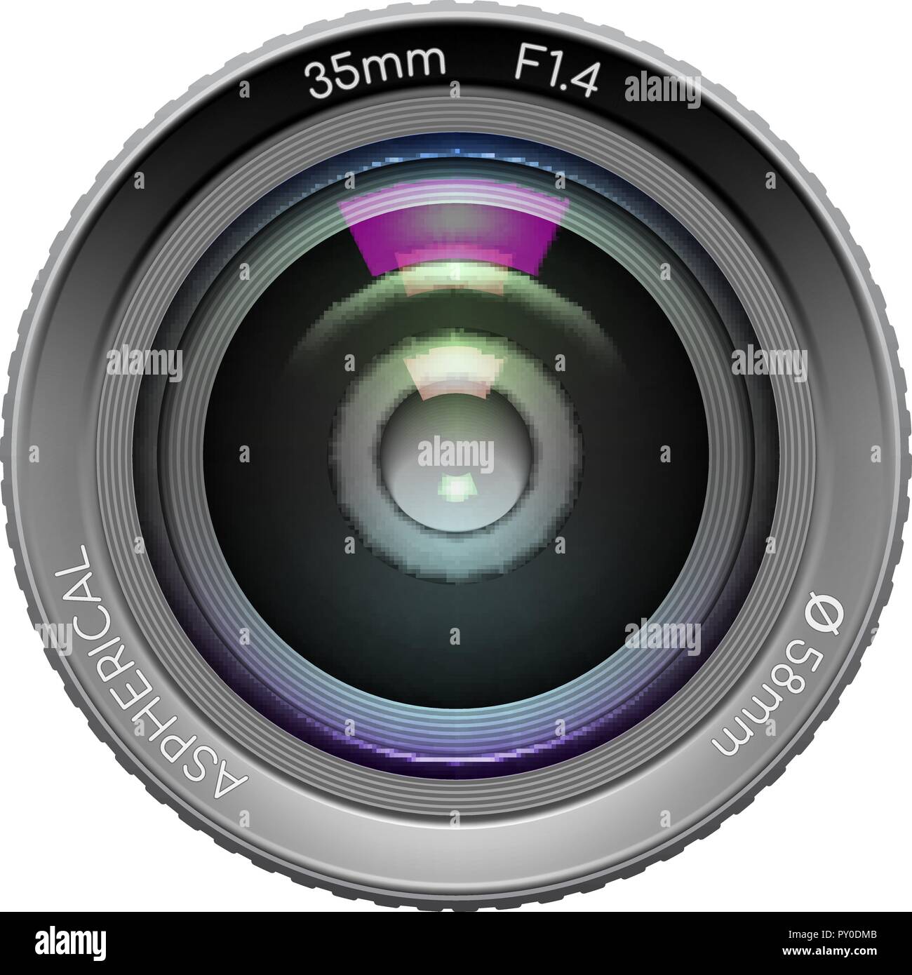 Sehr detaillierte Video- oder Fotokamera Objektiv 35 mm gibts Nahaufnahme Bild auf weißem Hintergrund. Vector Illustration Stock Vektor