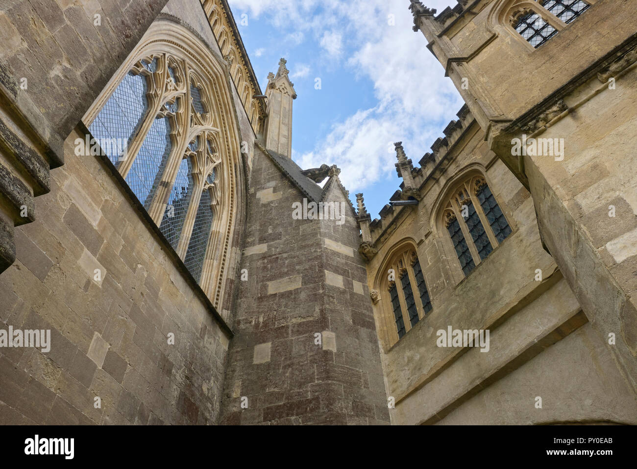 Suchen, um sich über Wells Cathedral für Details. Wells, Somerset, Großbritannien Stockfoto
