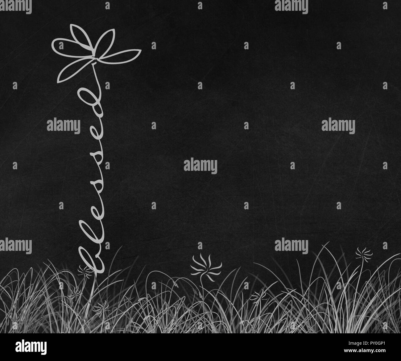 Doodle daisy flower Abbildung mit gesegnet Text Wort für Stammzellen im Gras auf schwarz Schwarzes Brett Stockfoto
