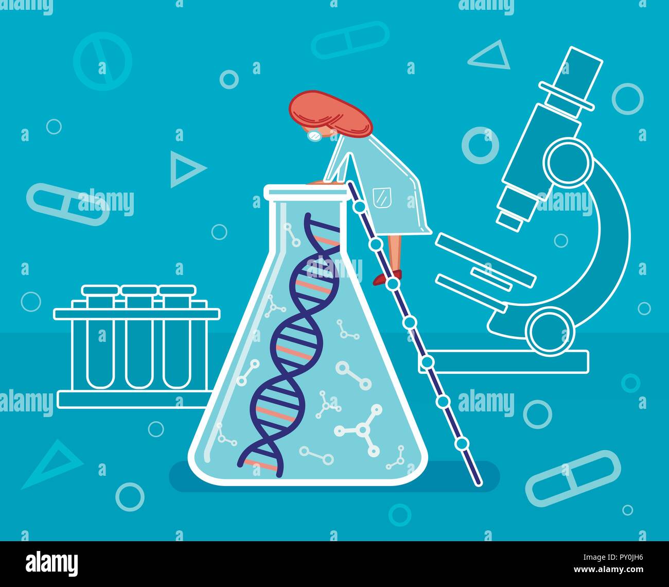 Genomsequenzierung, DNA, DNA-Forschung, Wissenschaftler im Labor, Medizin, Illustration, Vektor. Stock Vektor