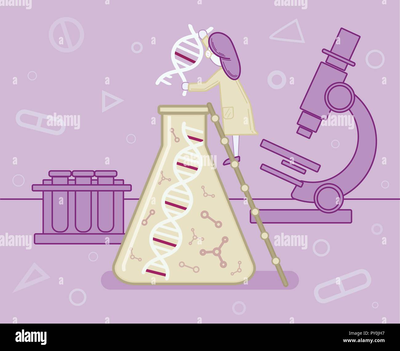 Genomsequenzierung, DNA, DNA-Forschung, Wissenschaftler im Labor, Medizin, Illustration, Vektor. Stock Vektor