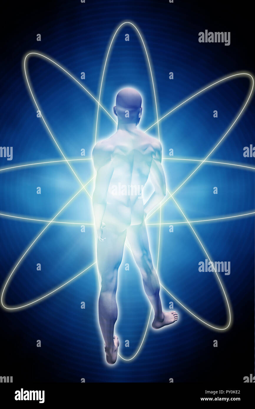 Die menschliche Figur und Atom, Konzept für die Zukunft der Menschheit mit Hilfe der Medizin, Technik und Wissenschaft und der Suche nach der Unsterblichkeit Stockfoto