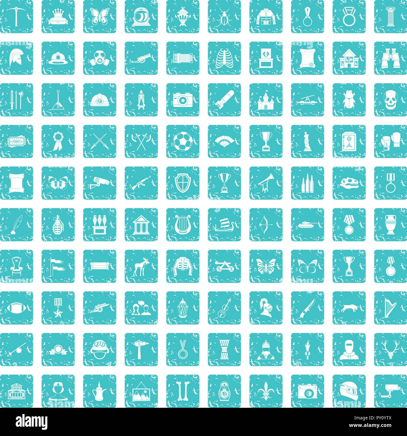 100 Museum Icons Set grunge Blau Stock Vektor