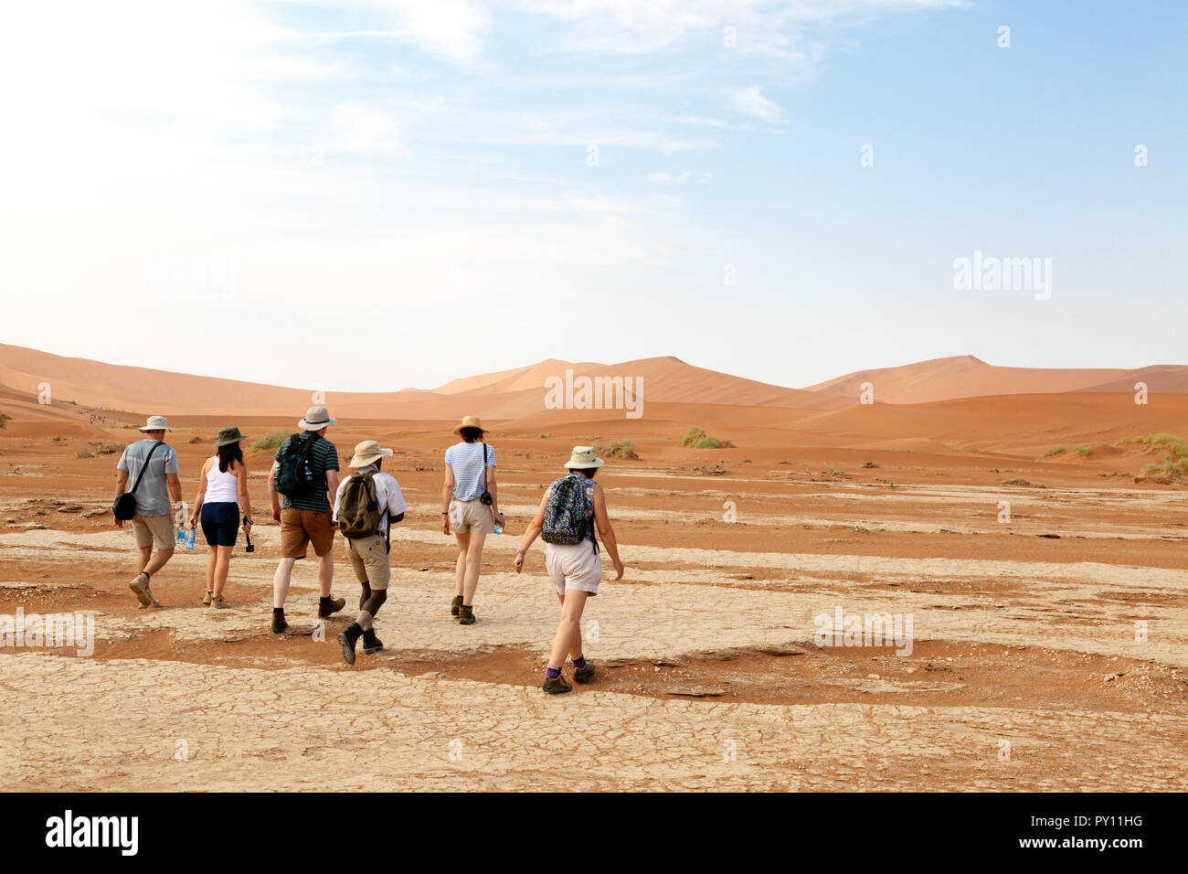 Namibia Touristen - eine Gruppe von Touristen auf eine geführte Tour mit ihrem Tour Guide, in der Wüste Namib im Sossusvlei, Namibia Afrika Stockfoto