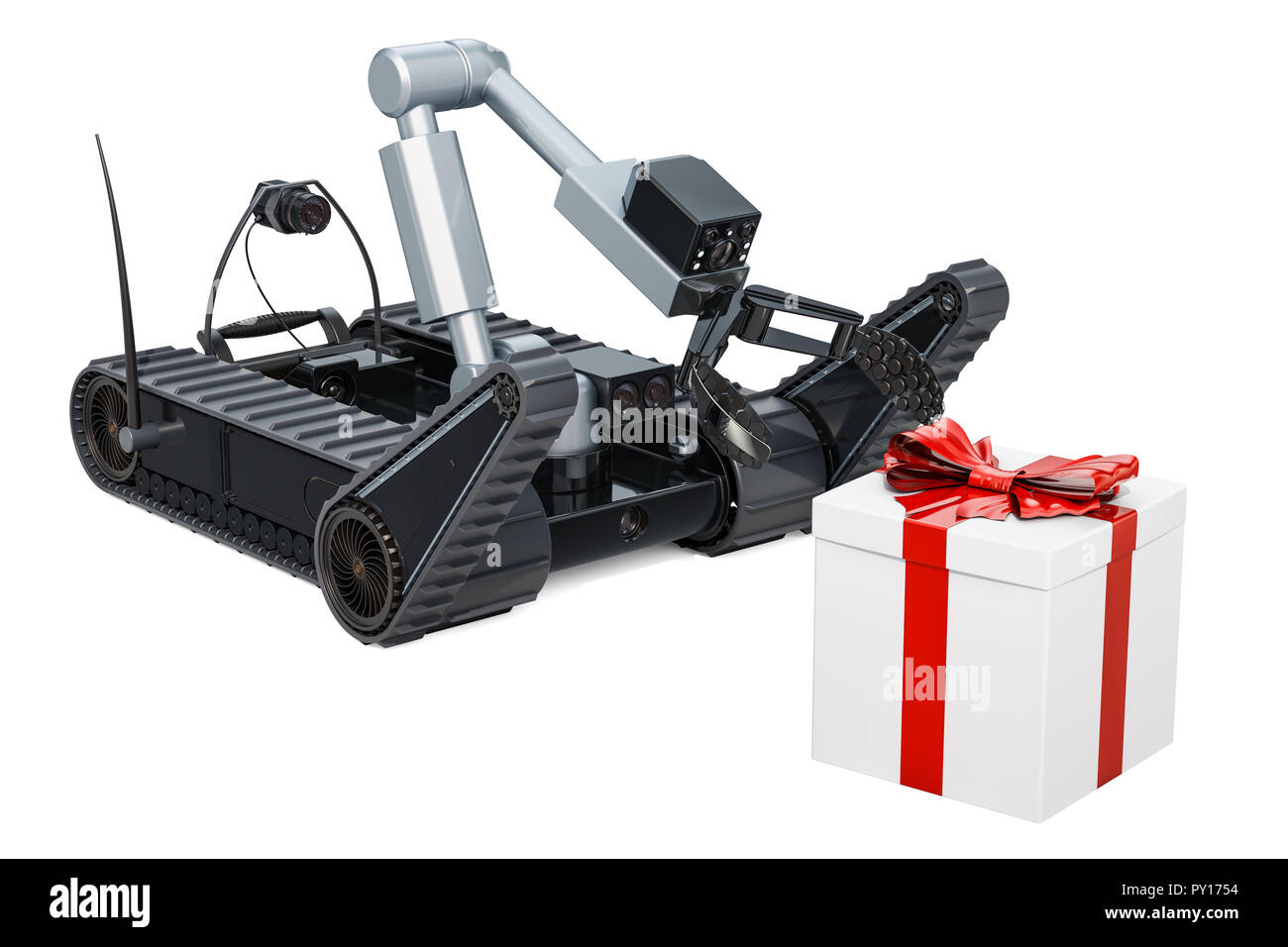Bombenentschärfung Roboter mit gefährlichen Gift box, 3D-Rendering auf weißem Hintergrund Stockfoto