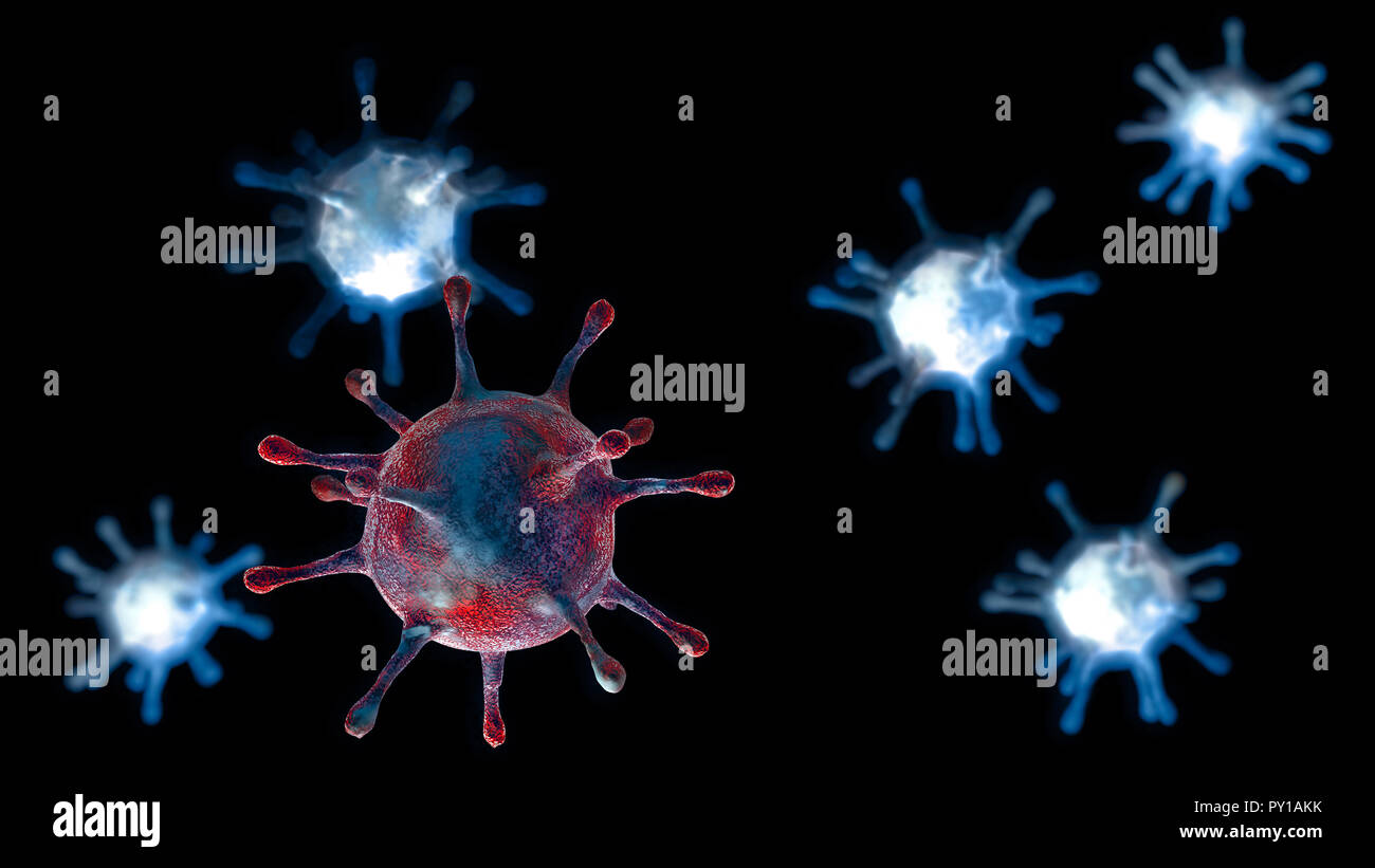 Virus, Grippe, mit Blick auf ein Virus unter einem Mikroskop, ansteckende Krankheit Stockfoto