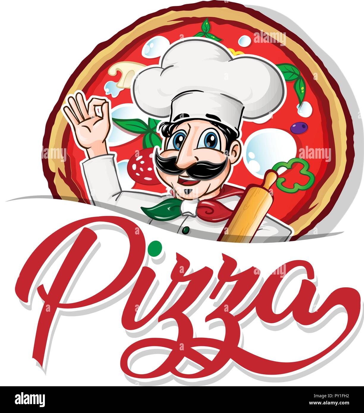 Emblem der lustigen italienischen Koch auf Pizza Hintergrund Stock Vektor