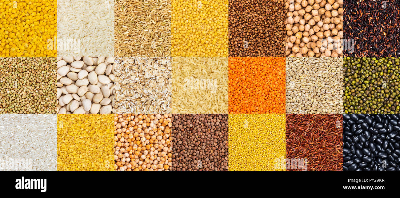 Muster der verschiedenen Getreide, Körner, Reis und Bohnen Hintergründe Stockfoto