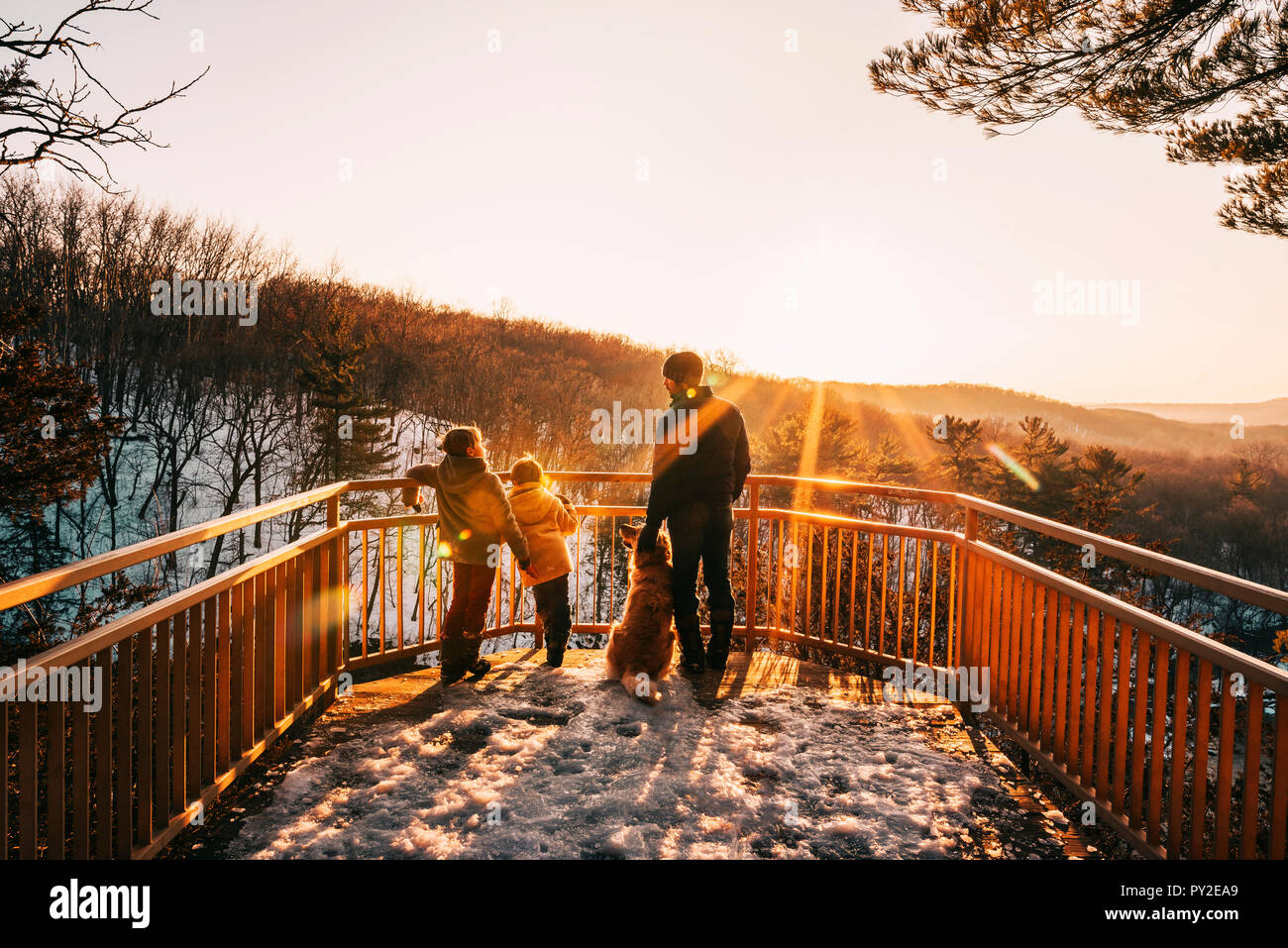 Vater, zwei Kinder und ihren Hund suchen in Aussicht, United States Stockfoto