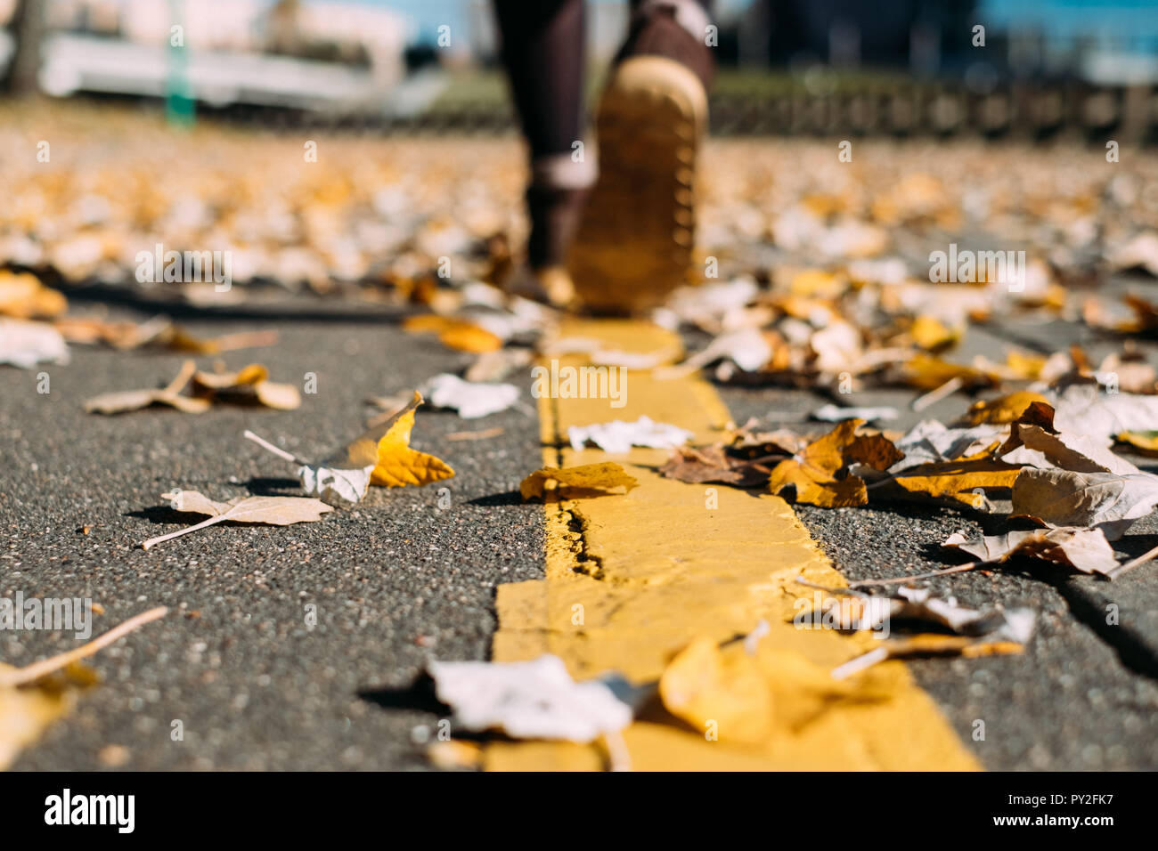 Frau entlang eine Straße im Herbst die Blätter fallen, Weißrussland Stockfoto