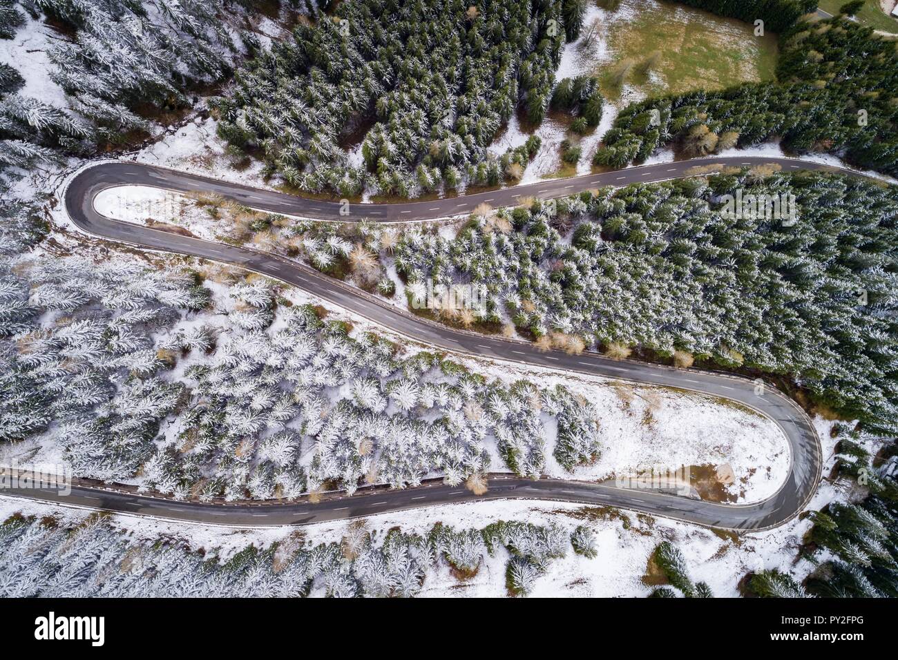 Kurvenreiche Straße durch einen verschneiten Wald, Zauchensee, Berchtesgaden, Bayern, Deutschland Stockfoto