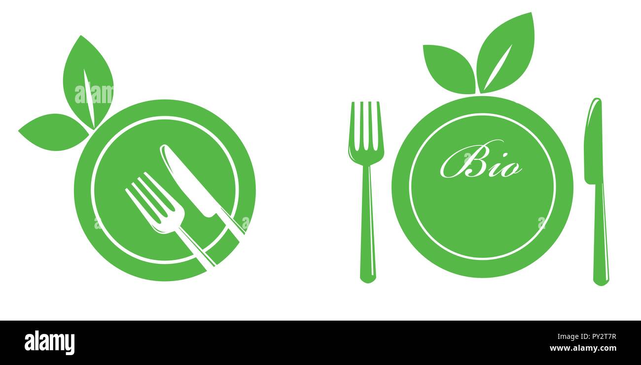 Gesundes Essen grünes Symbol mit Tellern und Besteck Vektor-illustration EPS 10. Stock Vektor