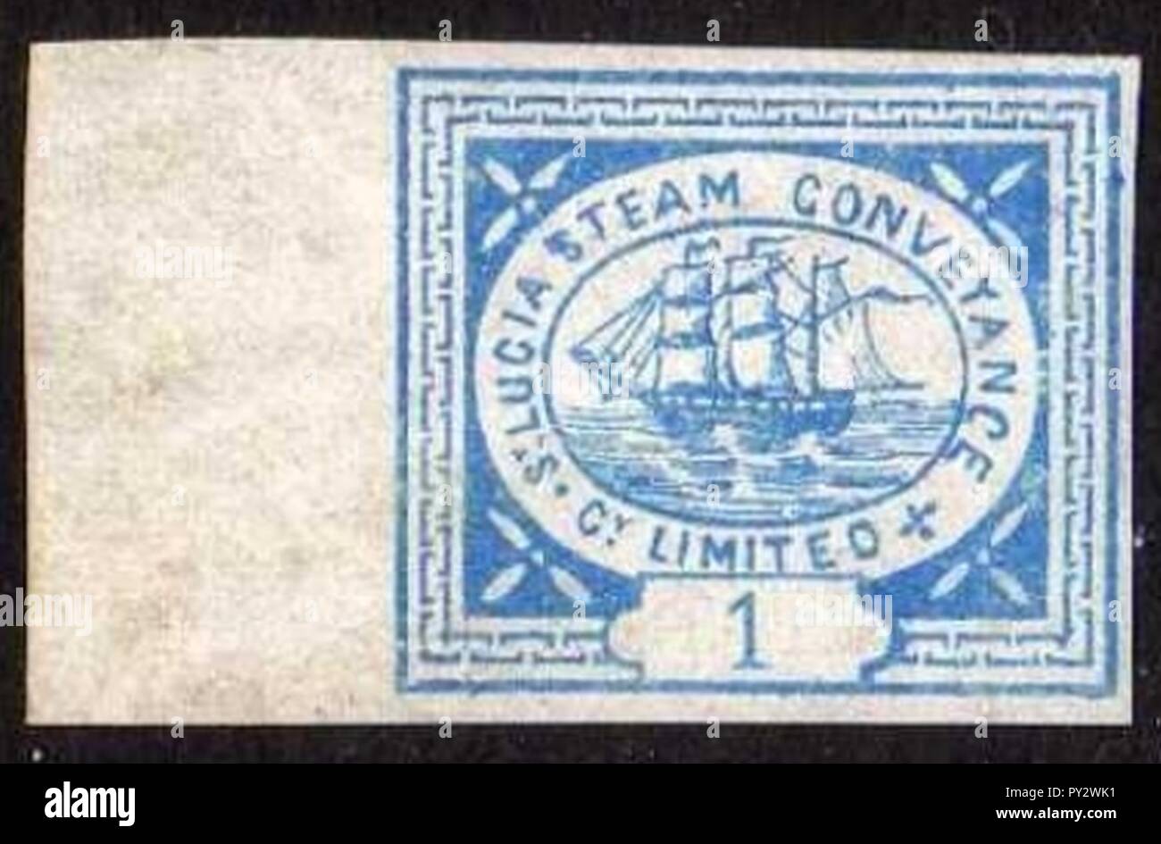 C 1872 St. Lucia Dampf Transport Company Limited 1 Pence Briefmarke. Stockfoto