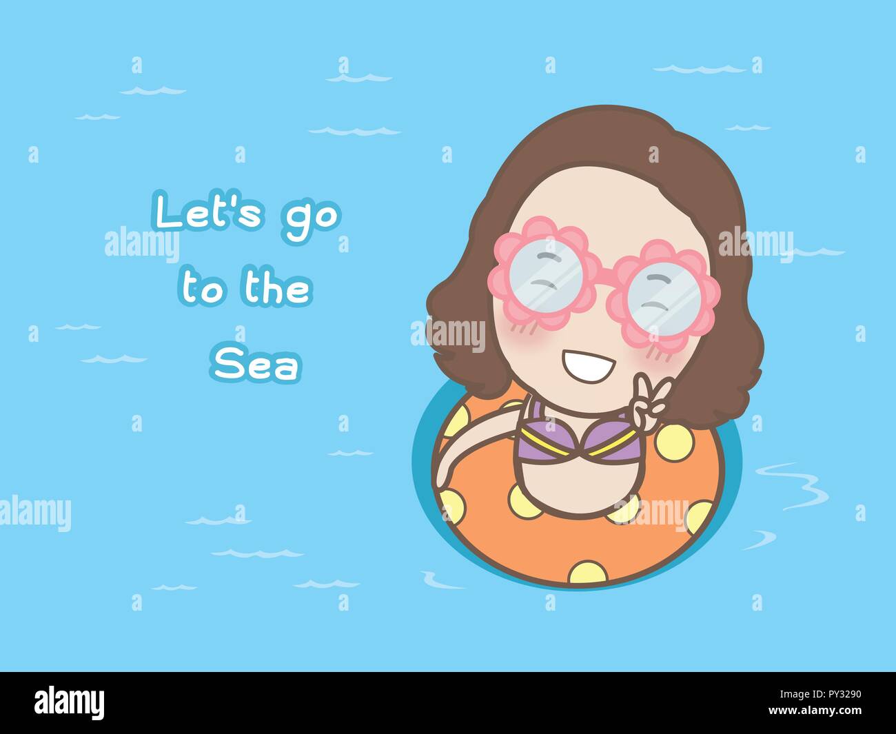 Cartoon cute girl Floating mit aufblasbaren Ring am Meer, Vektor Stock Vektor