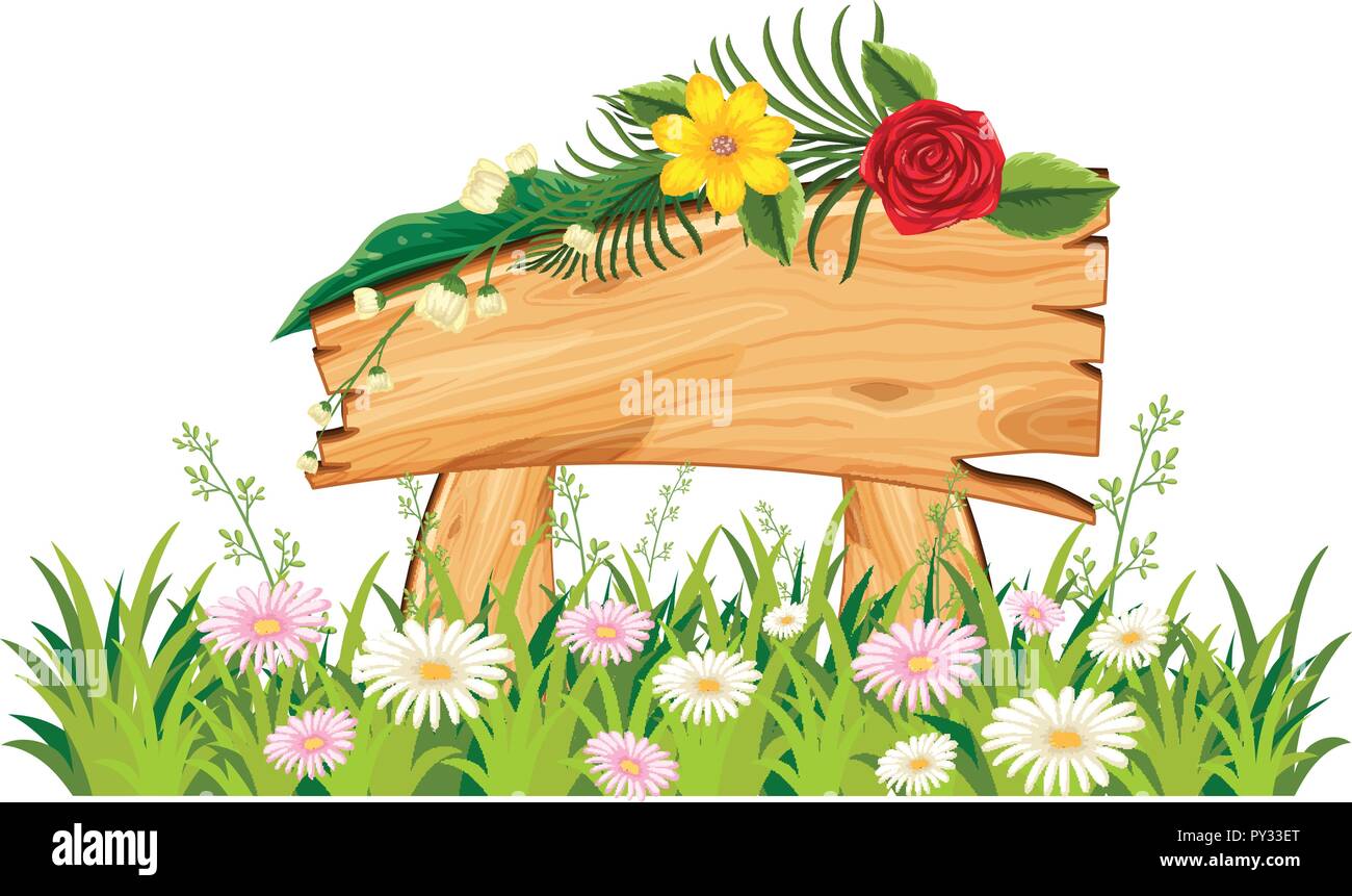 Holzschild in Gras mit Blüten Illustration Stock Vektor