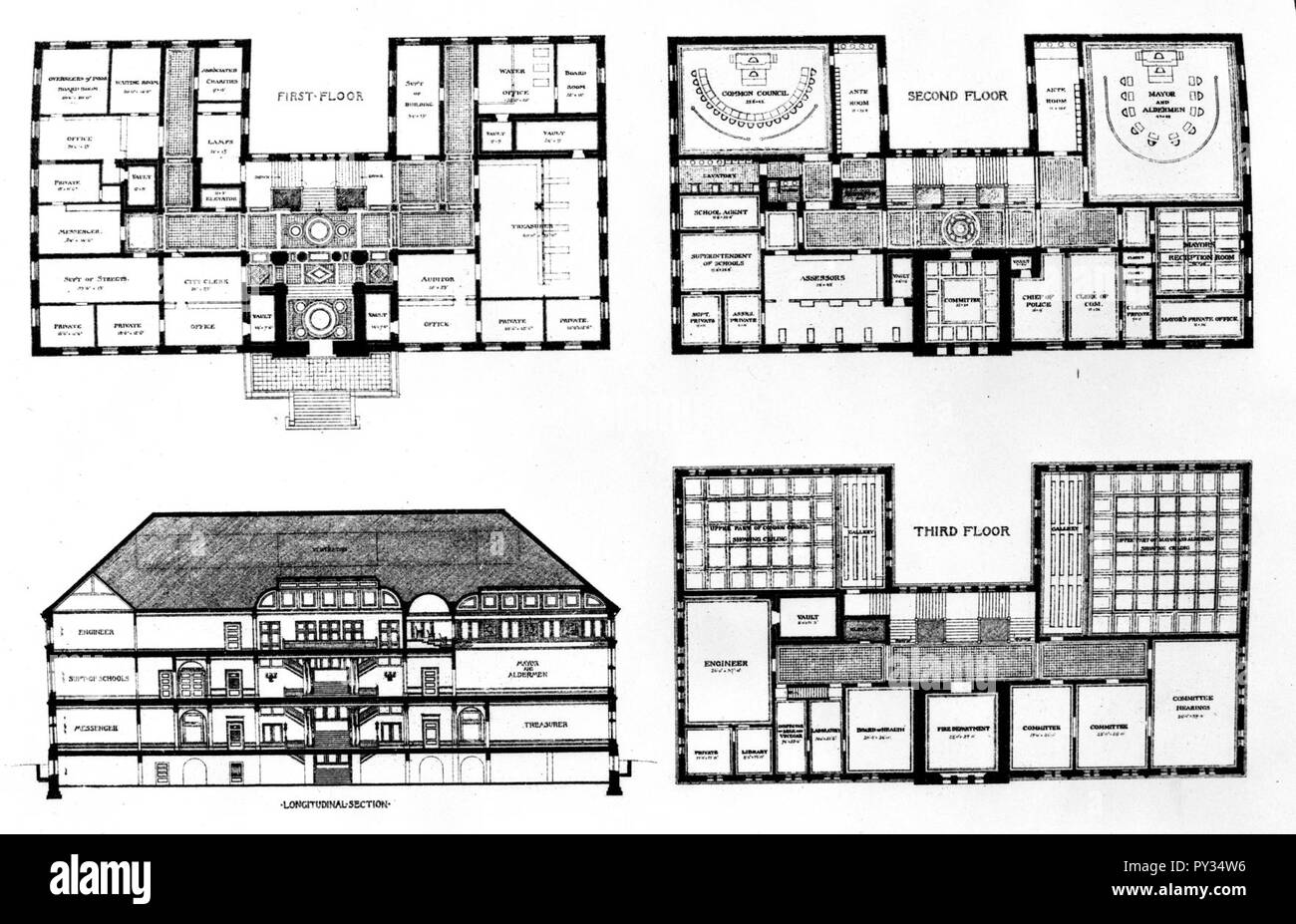 Cambridge, Massachusetts, Rathaus - Elevation und Grundrissen. Stockfoto